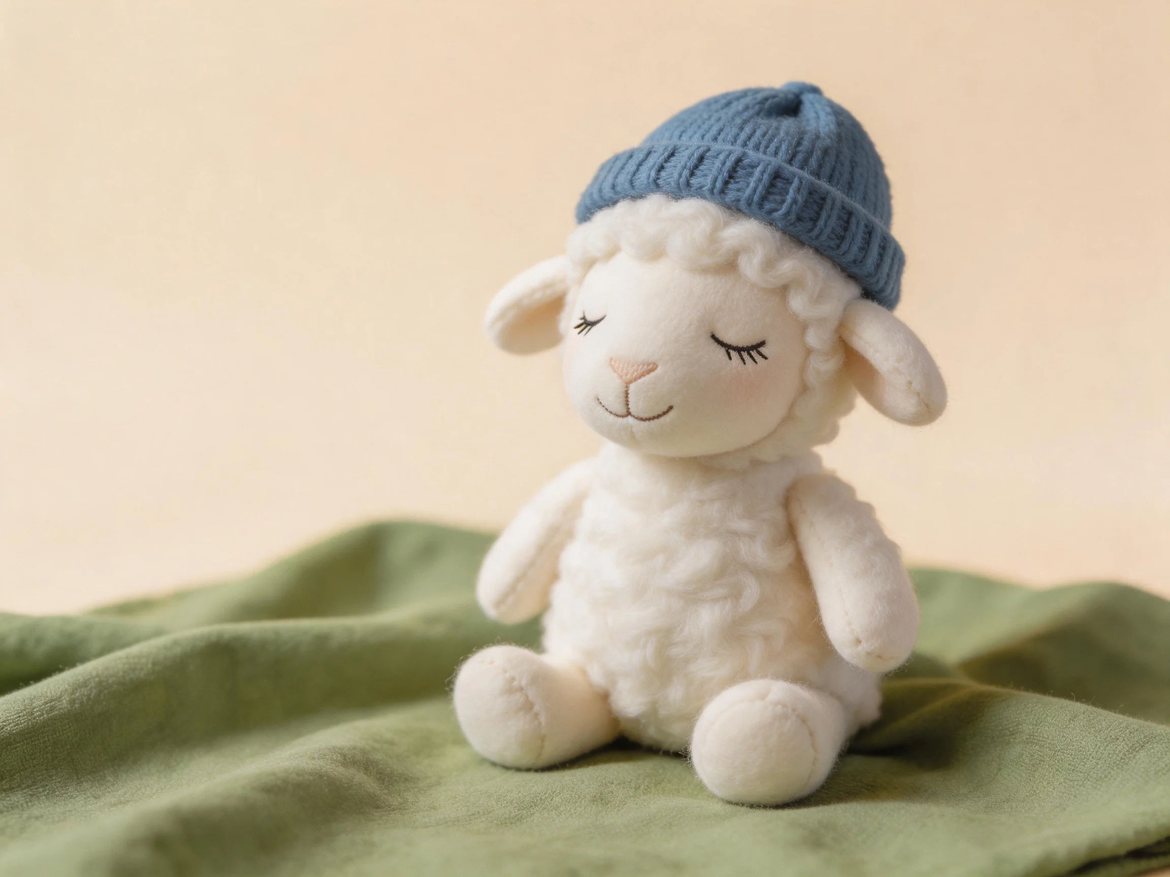 A white plush sheep wearing a blue knit hat sits on green fabric