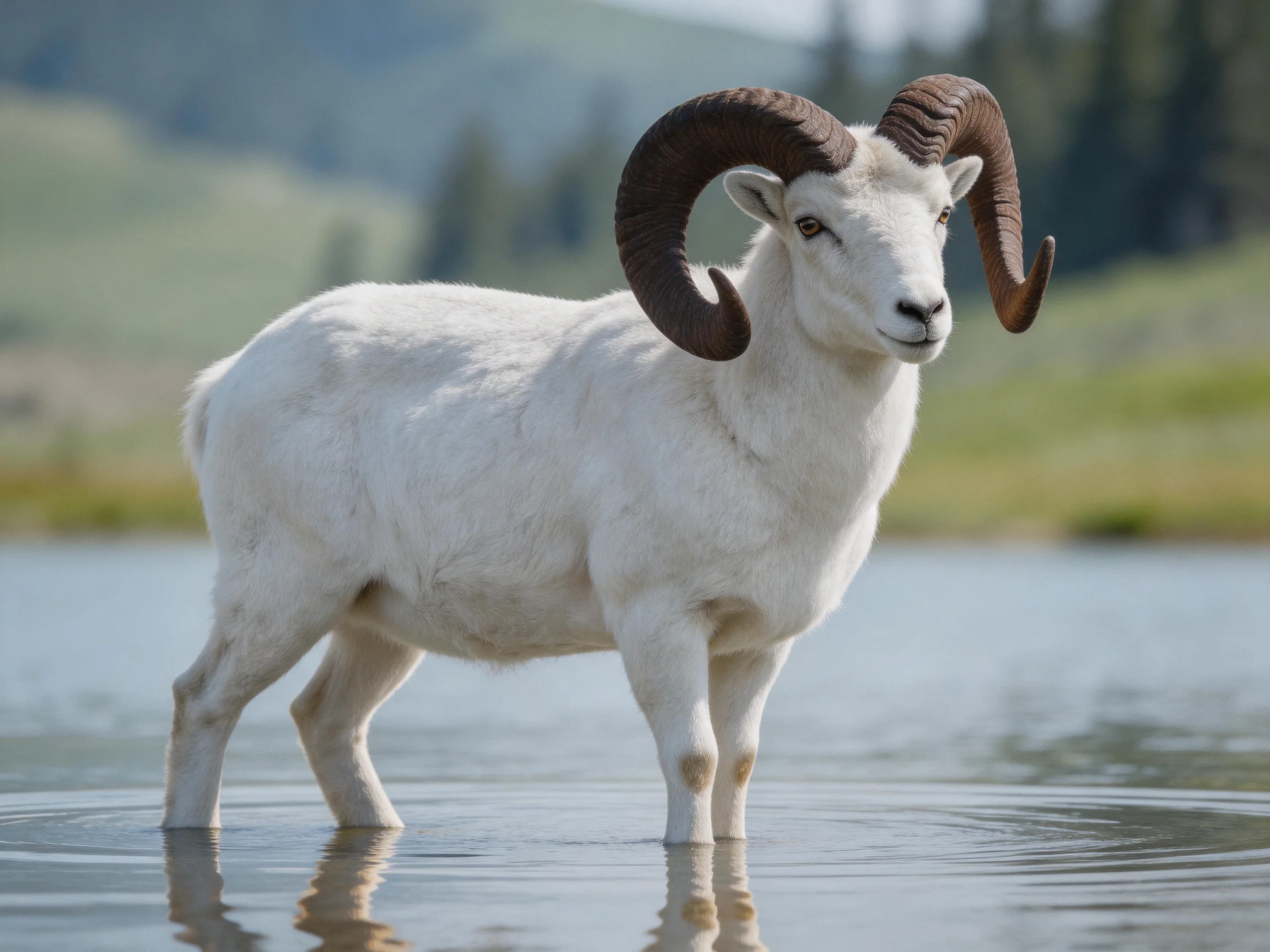 A white ram with large brown curved horns stands in shallow water
