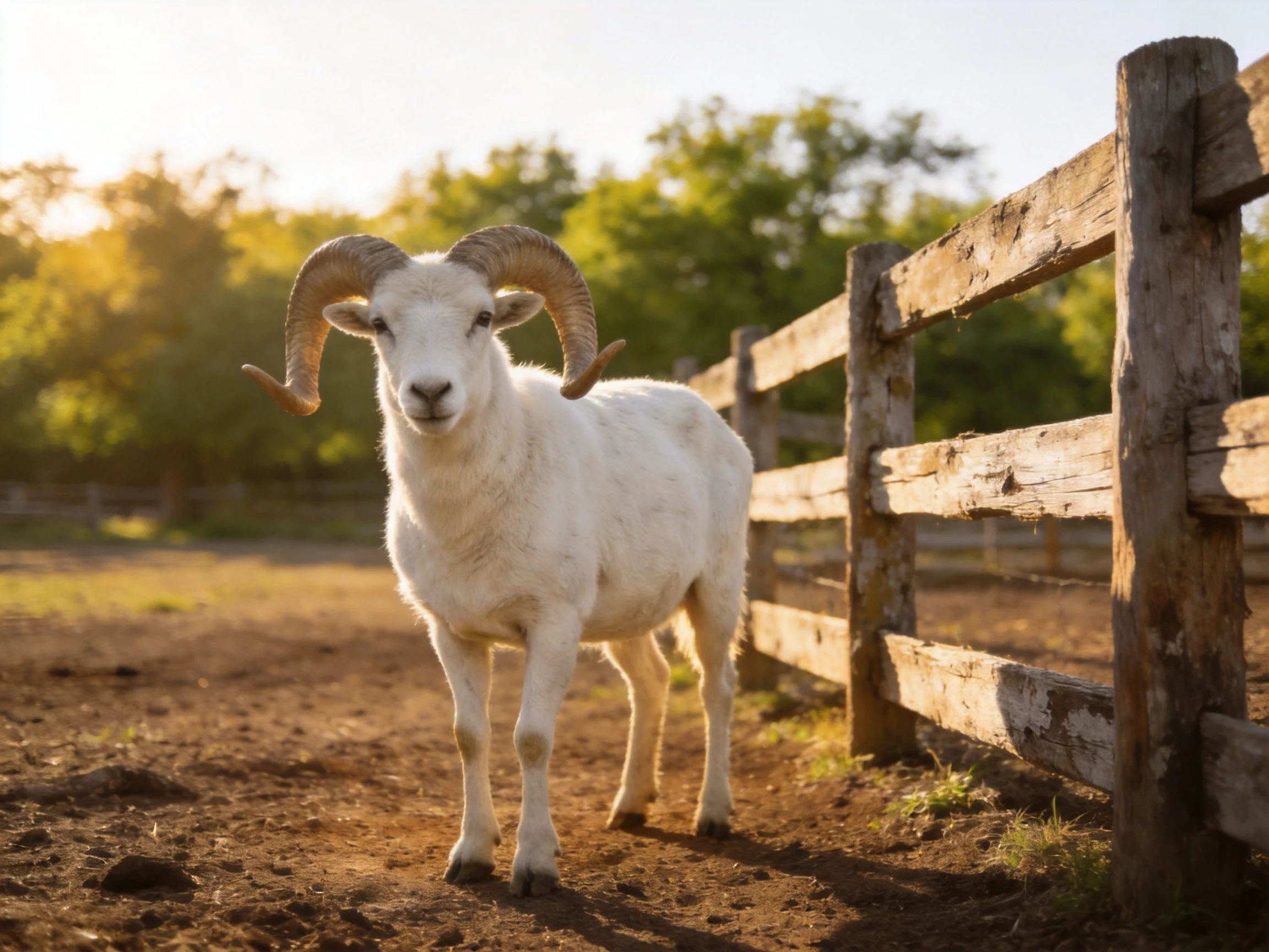A white ram with large curved horns near a wooden fence