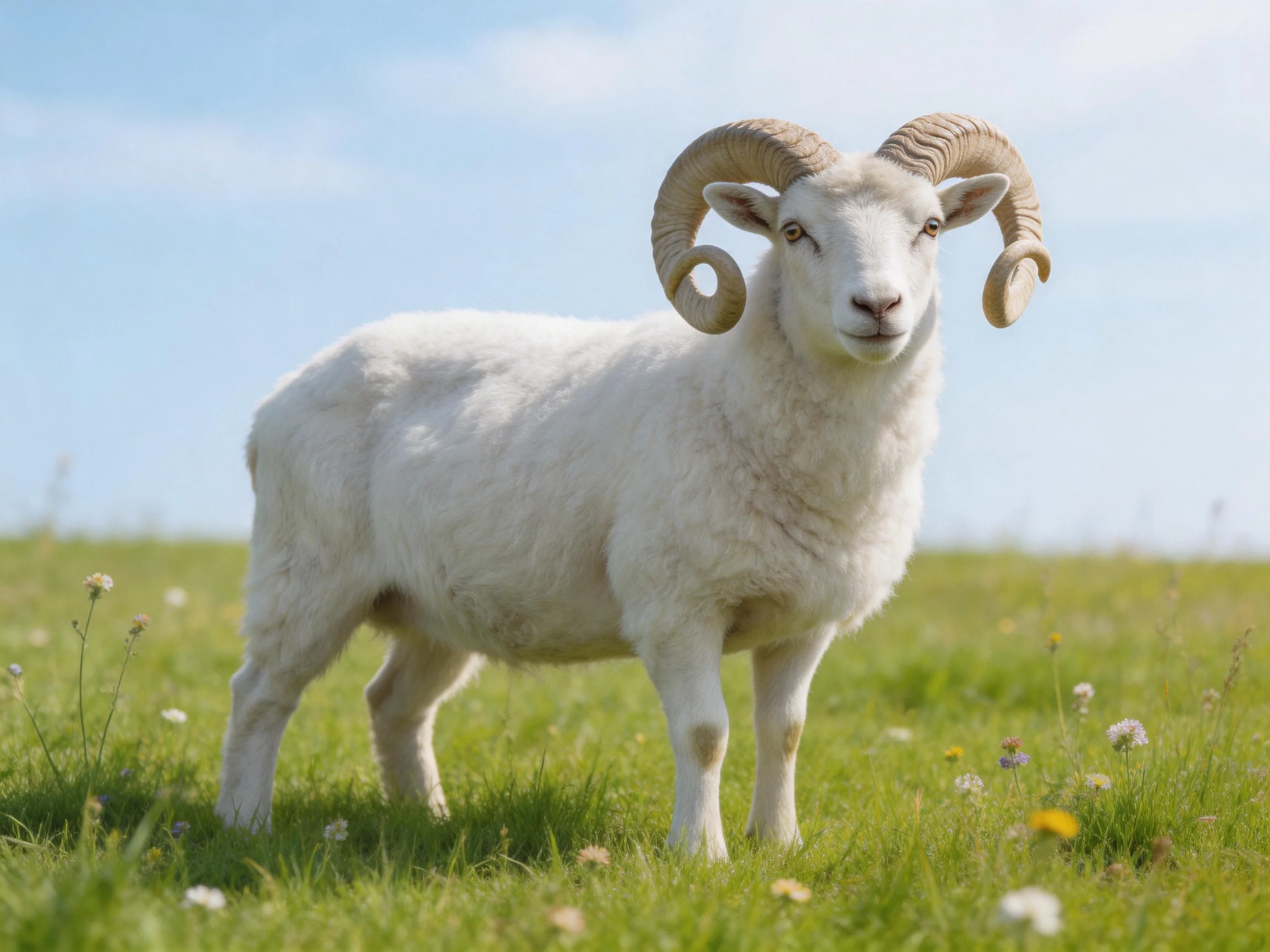 A white ram with large curved horns stands in a green meadow