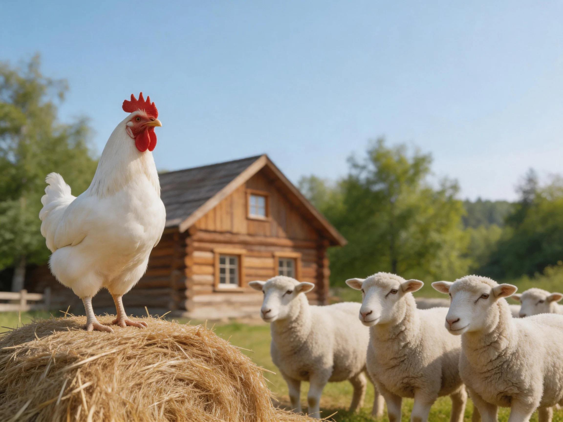 A white rooster stands atop hay near sheep and a log cabin