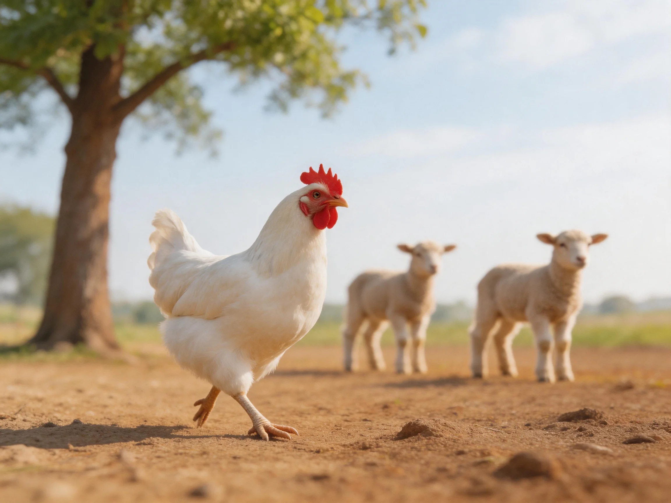 A white rooster walks near two lambs by a large tree