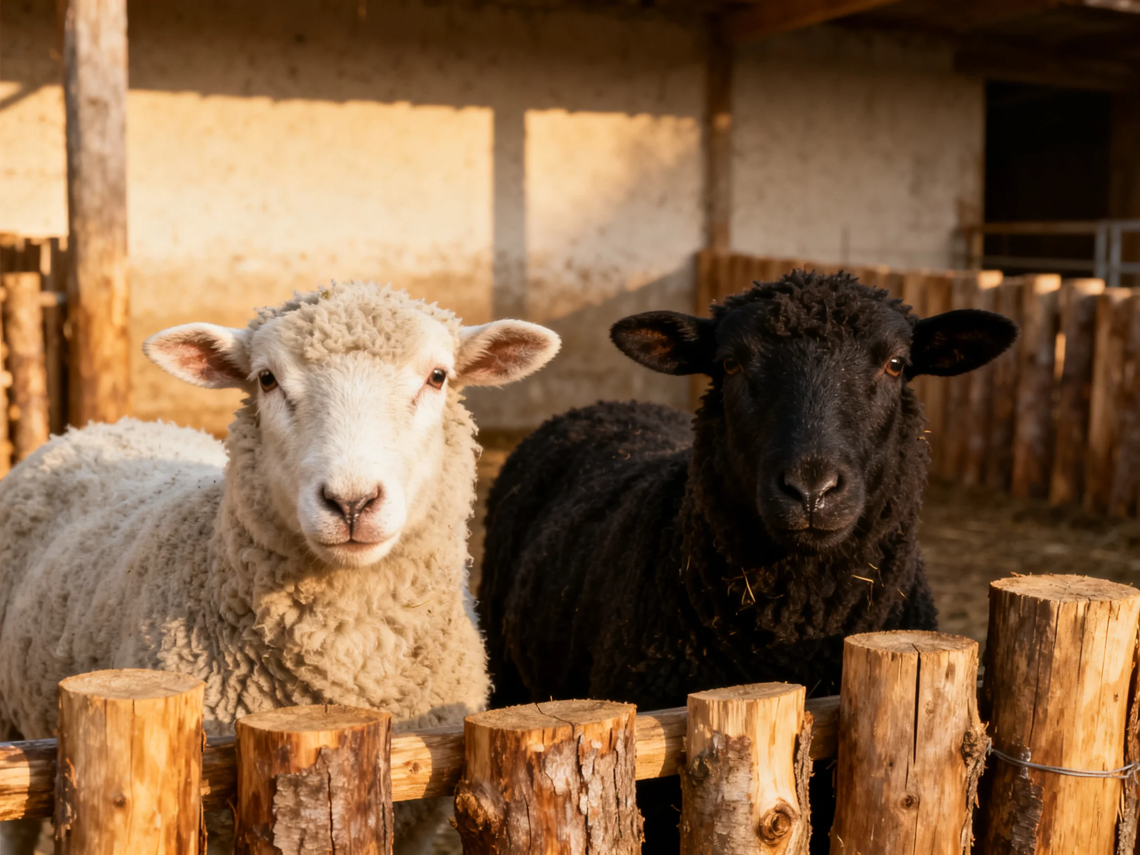 A white sheep and a black sheep near a wooden fence