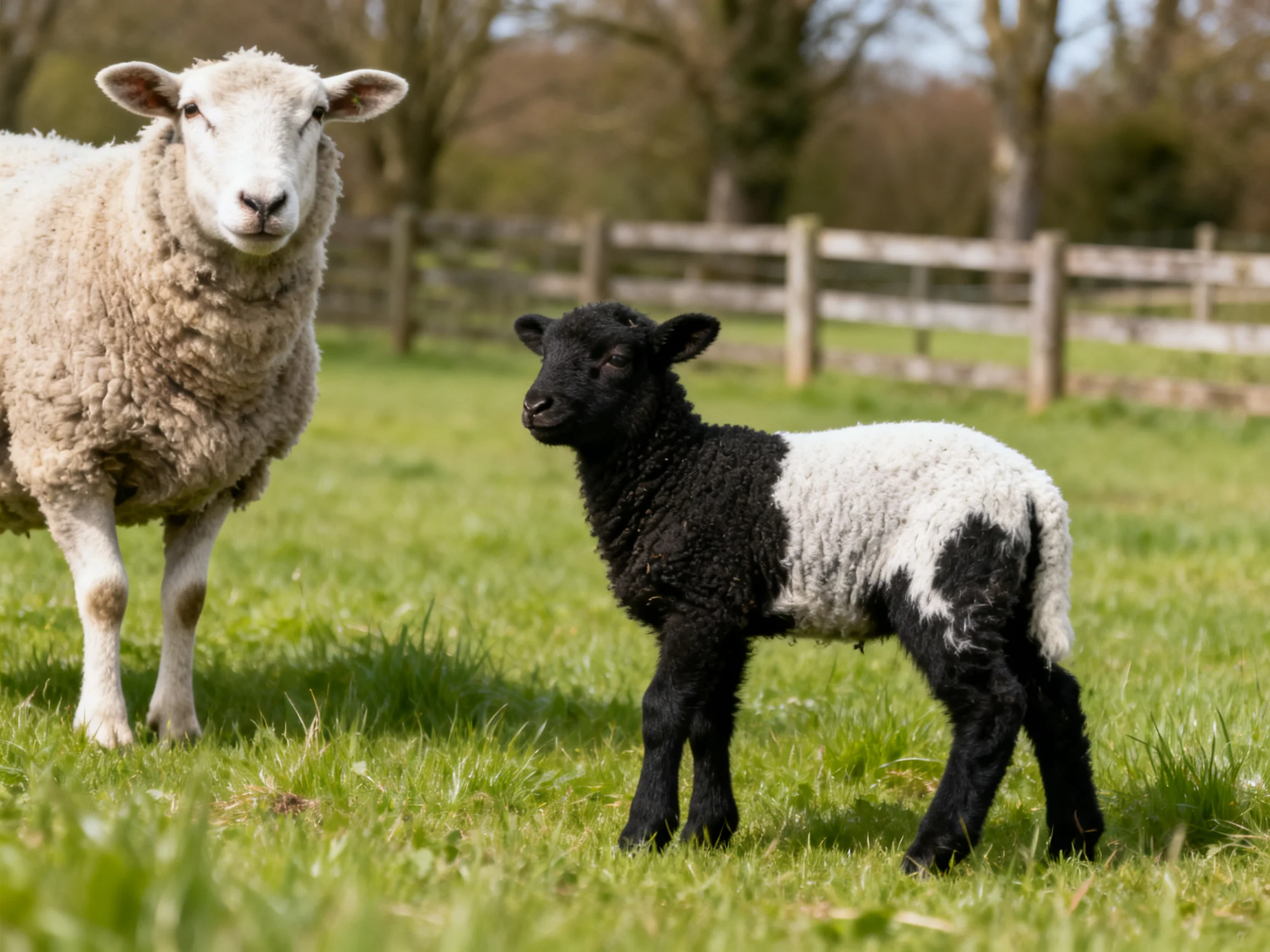 A white sheep and a black - white lamb in a green pasture