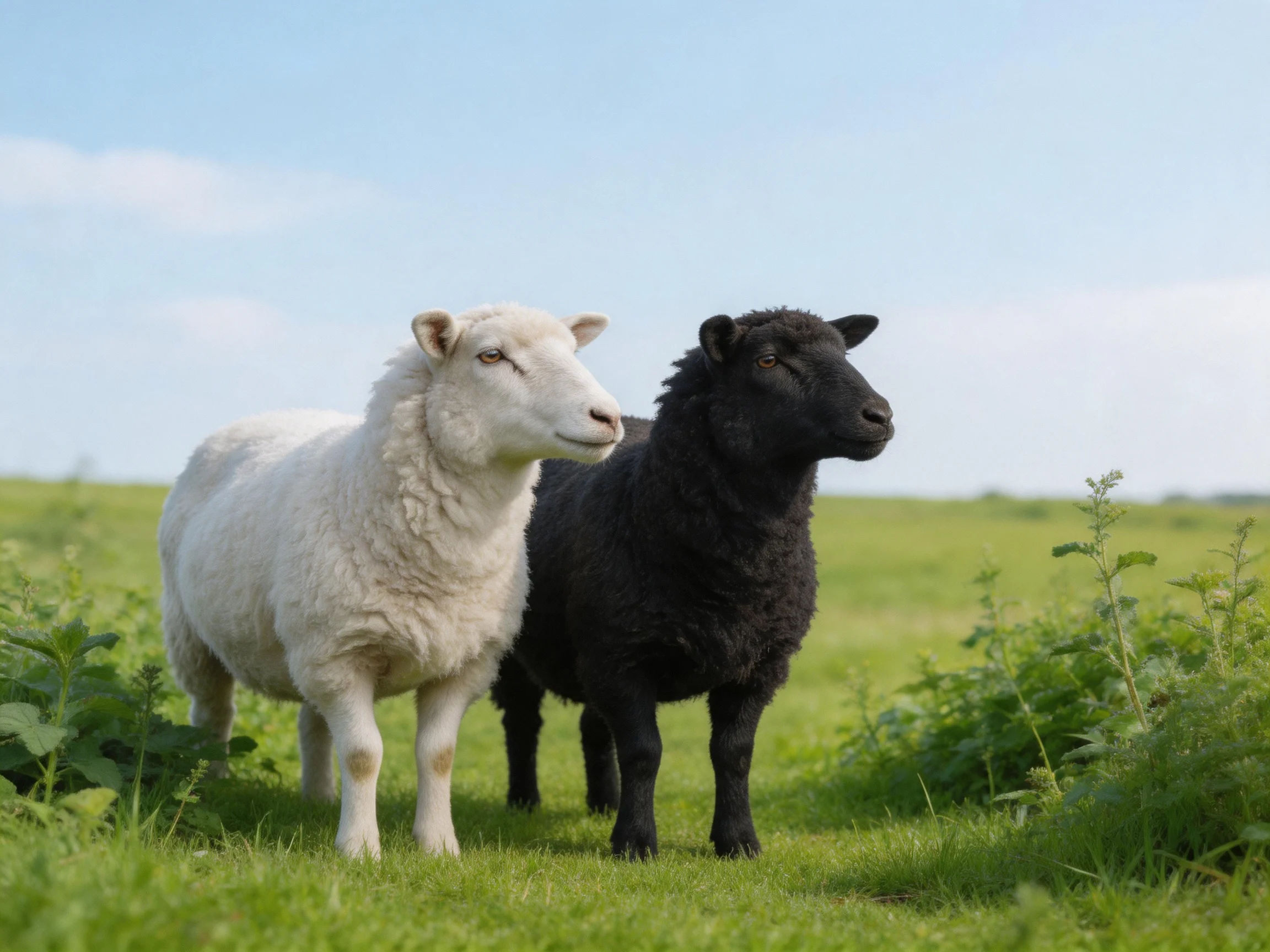 A white sheep and black sheep stand together in a lush green meadow
