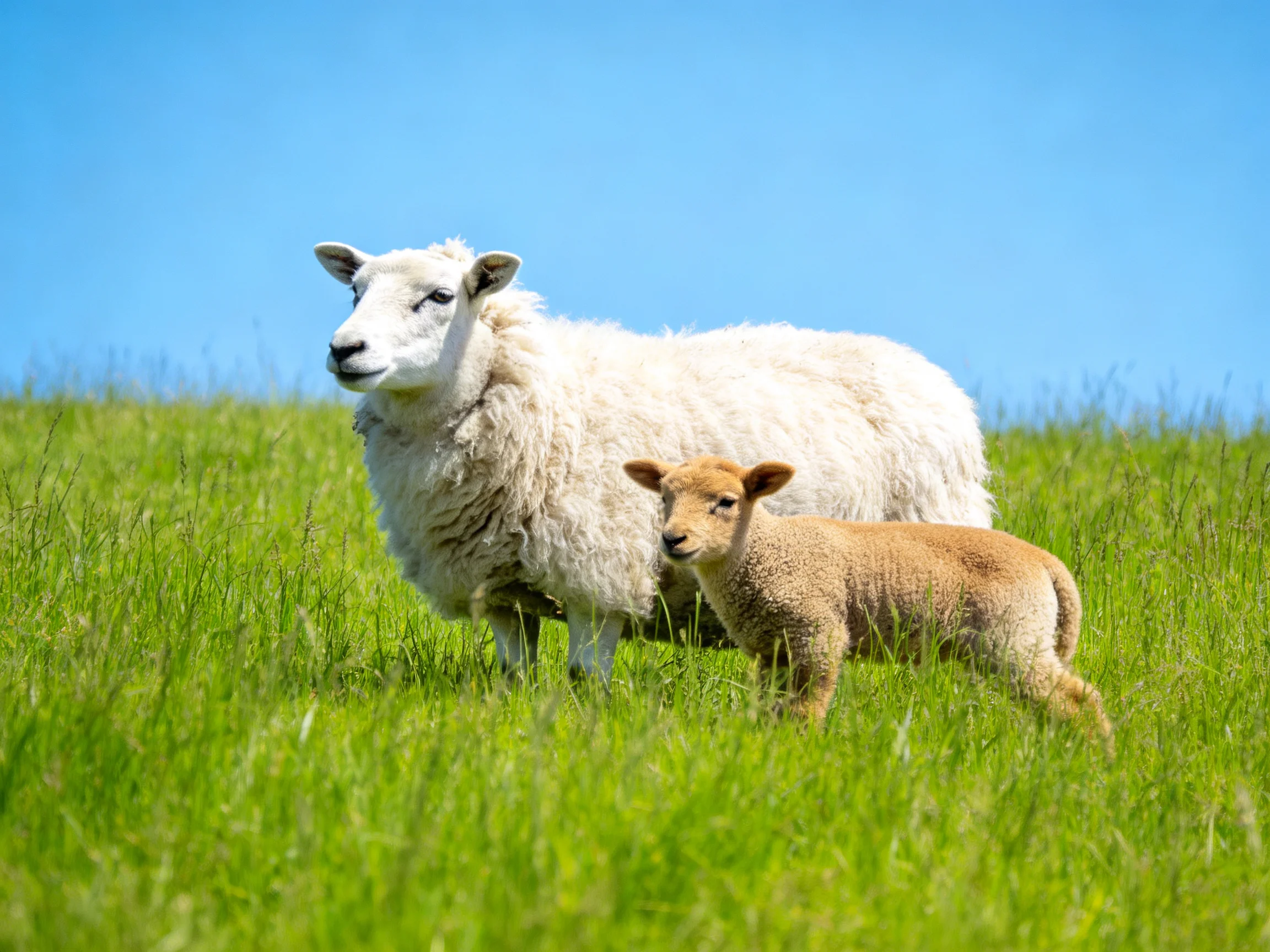 A white sheep and tan lamb stand in a lush green meadow under bright blue sky