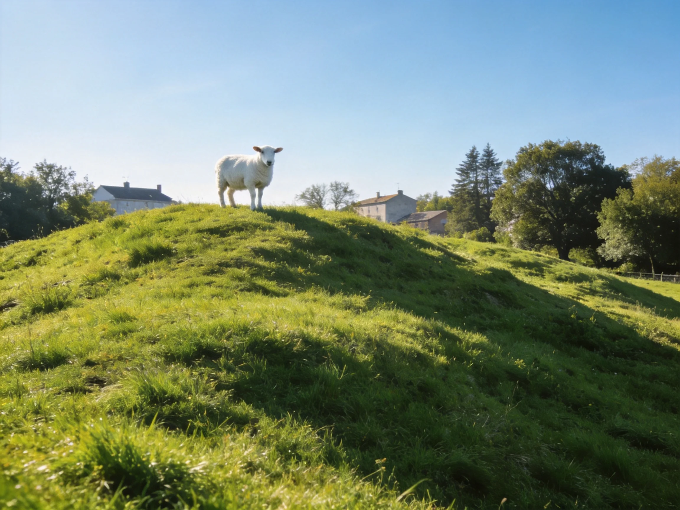 A white sheep atop a lush green hillside near homes