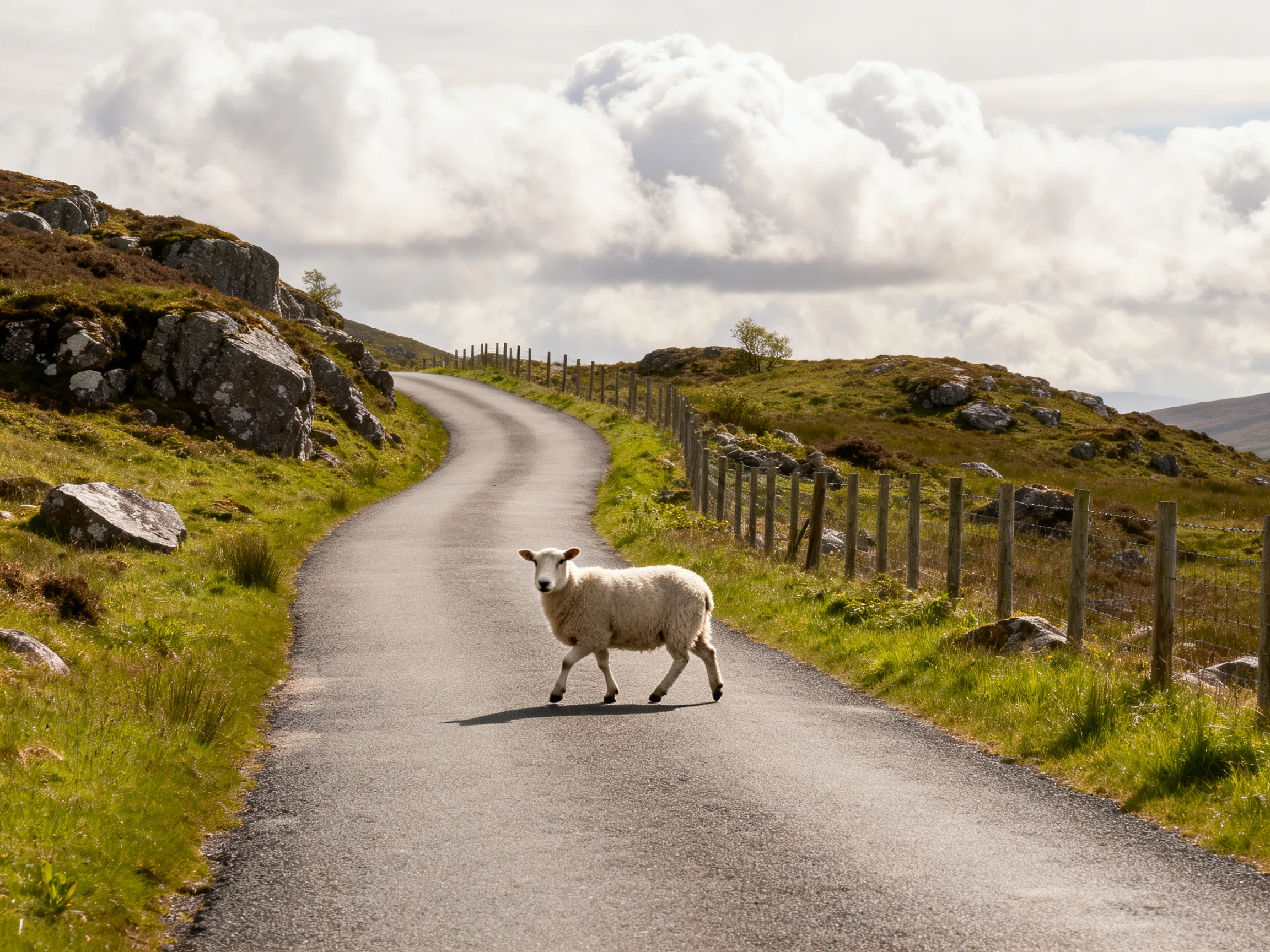 A white sheep crosses a winding gray rural road