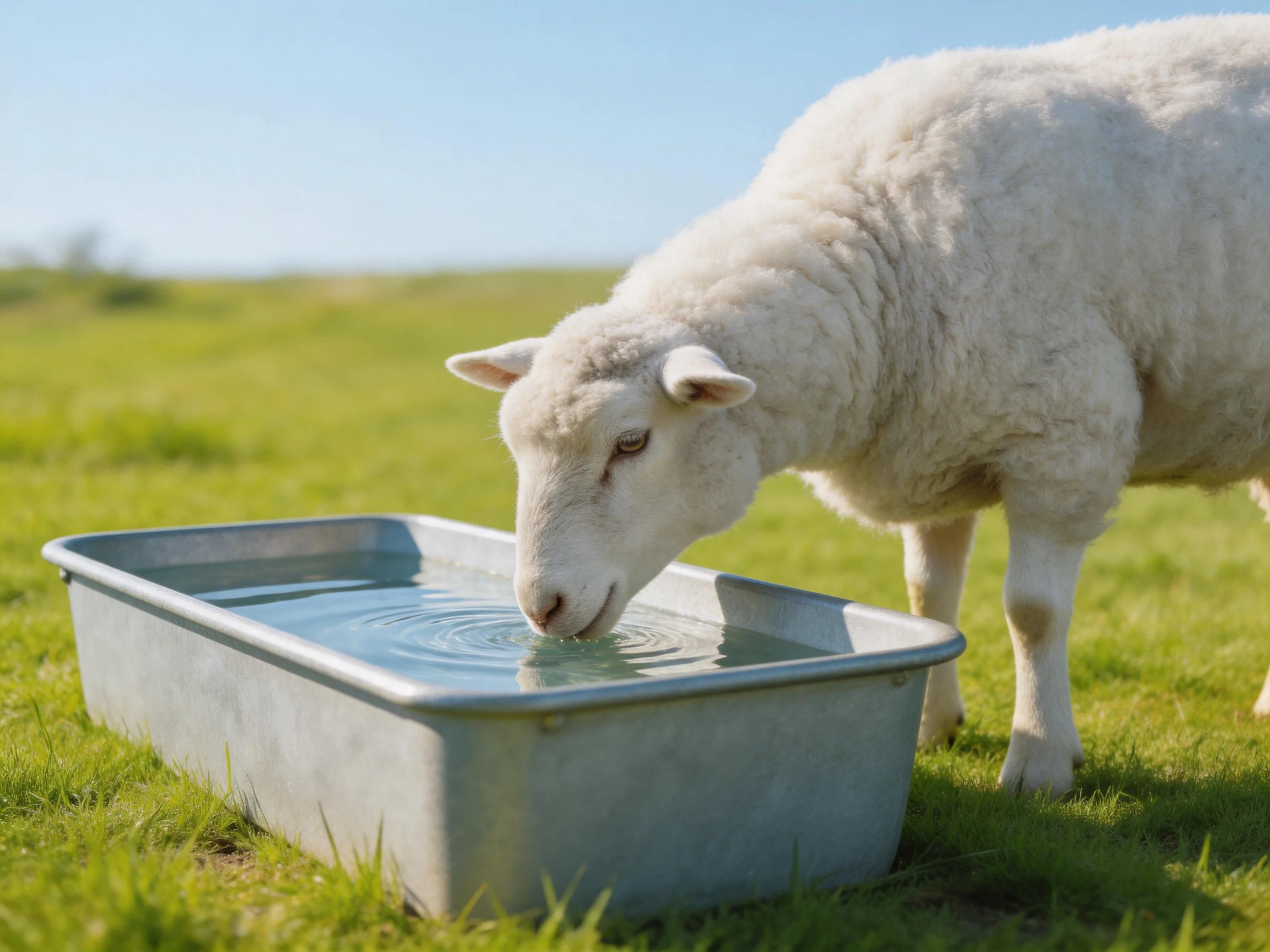 A white sheep drinks water from a metal trough in a green pasture