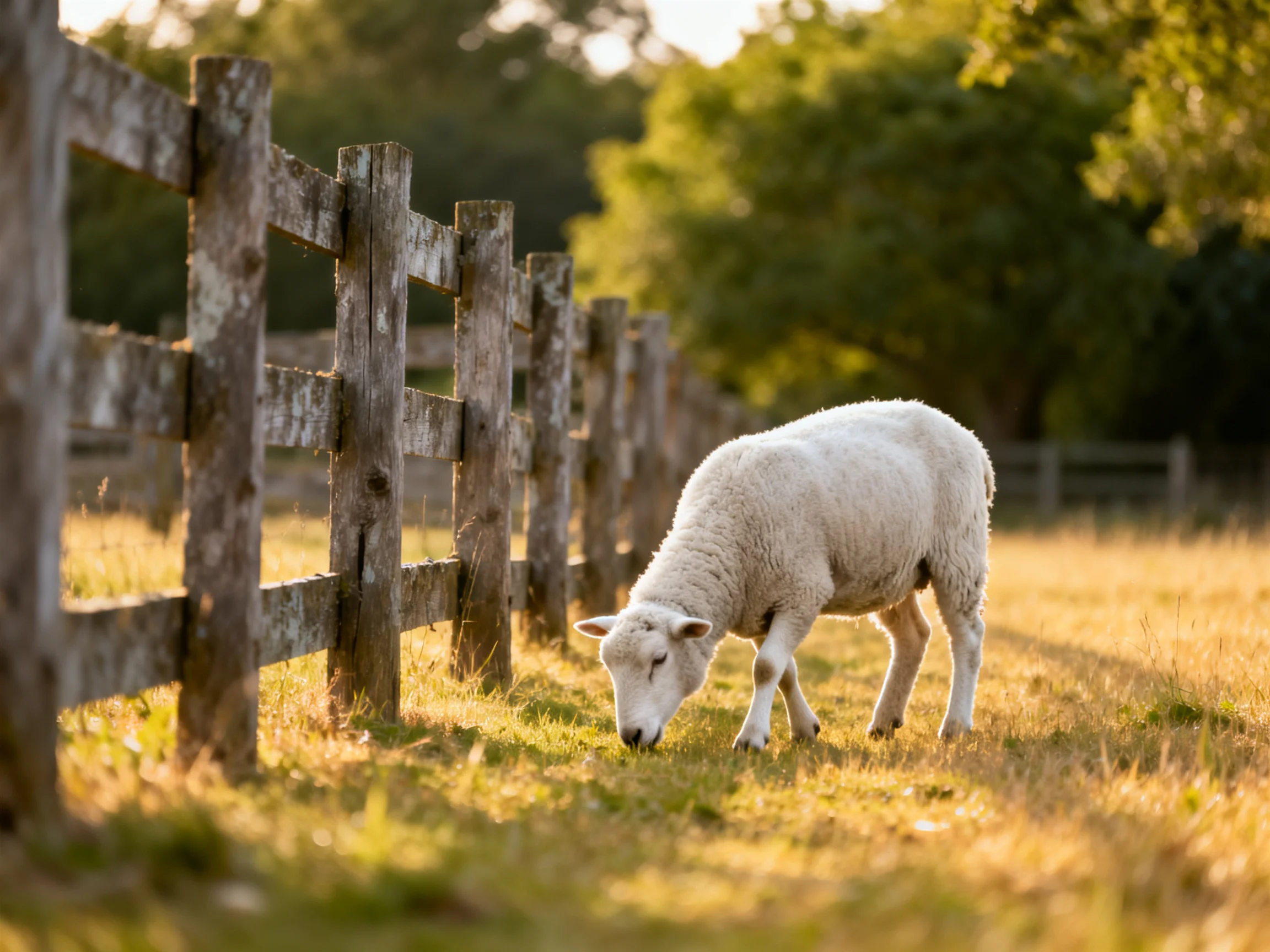 A white sheep grazes beside an aged wooden fence in a sunlit pasture.