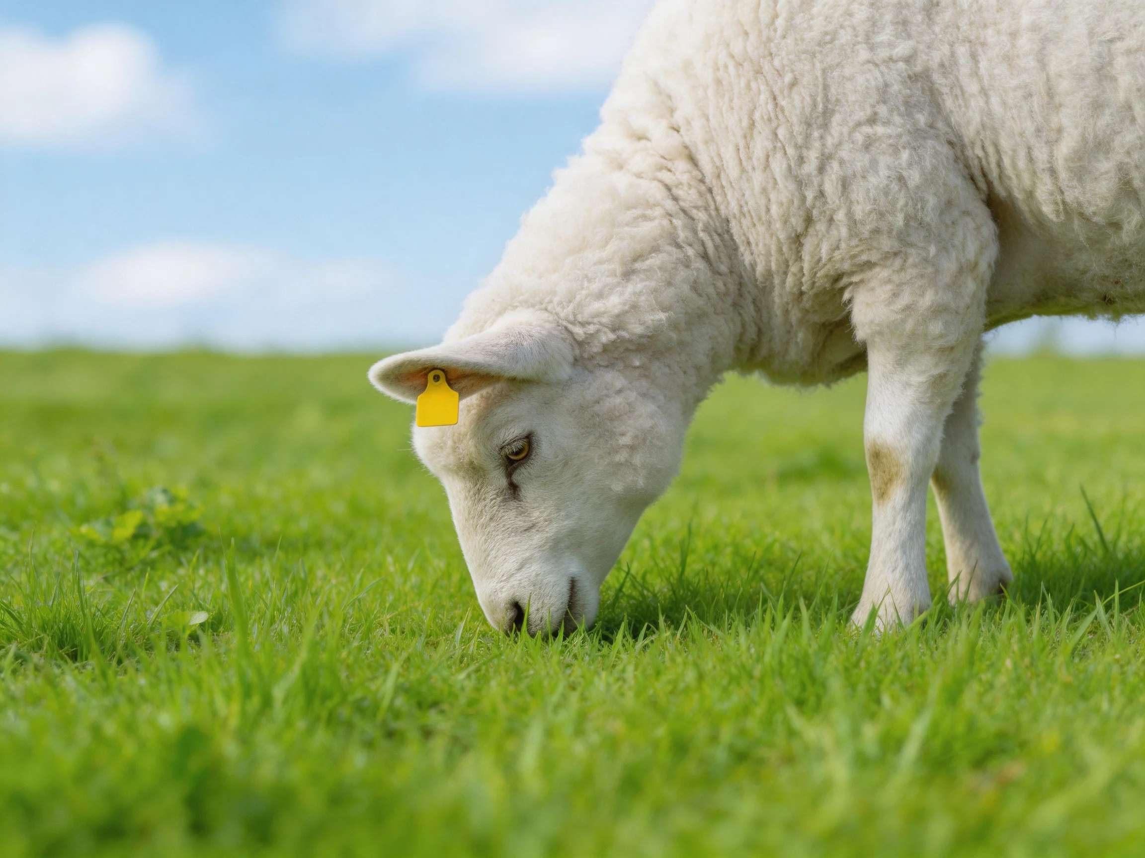 A white sheep grazes in a lush green meadow