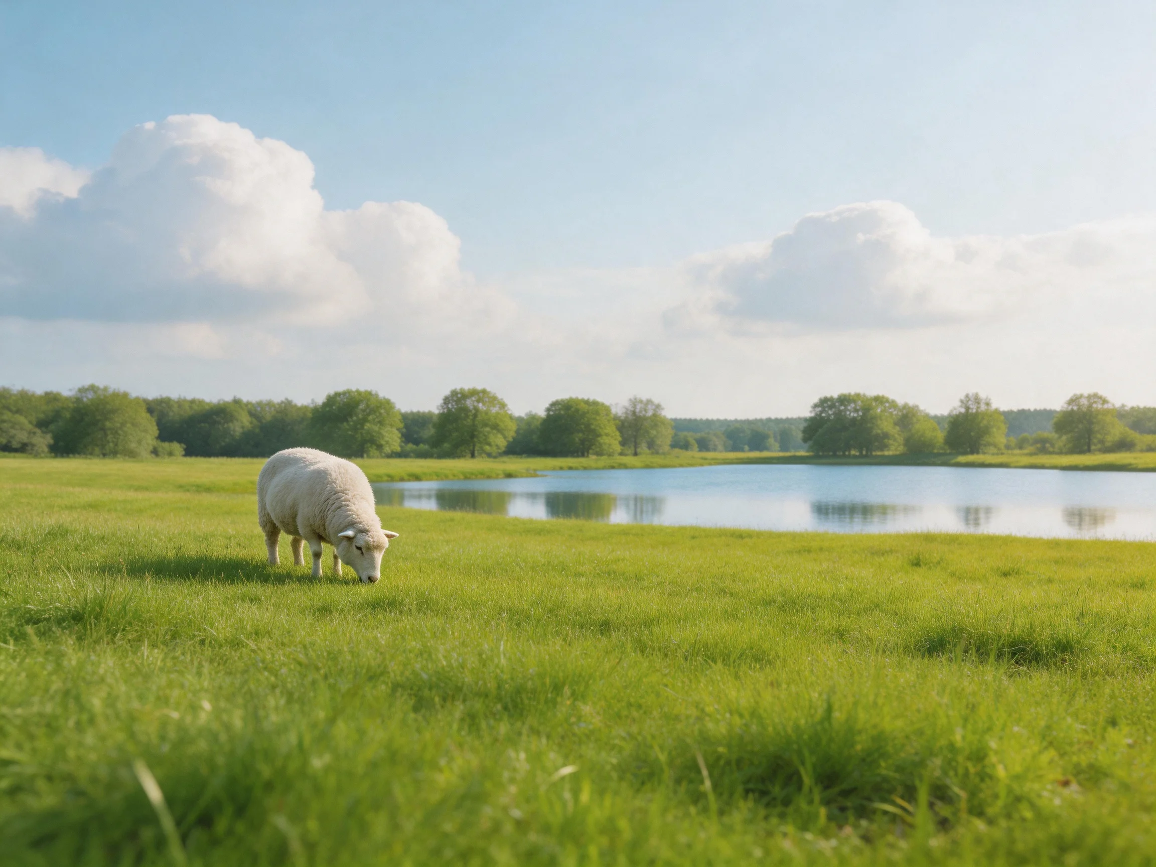 A white sheep grazes in a lush green meadow by a calm lake