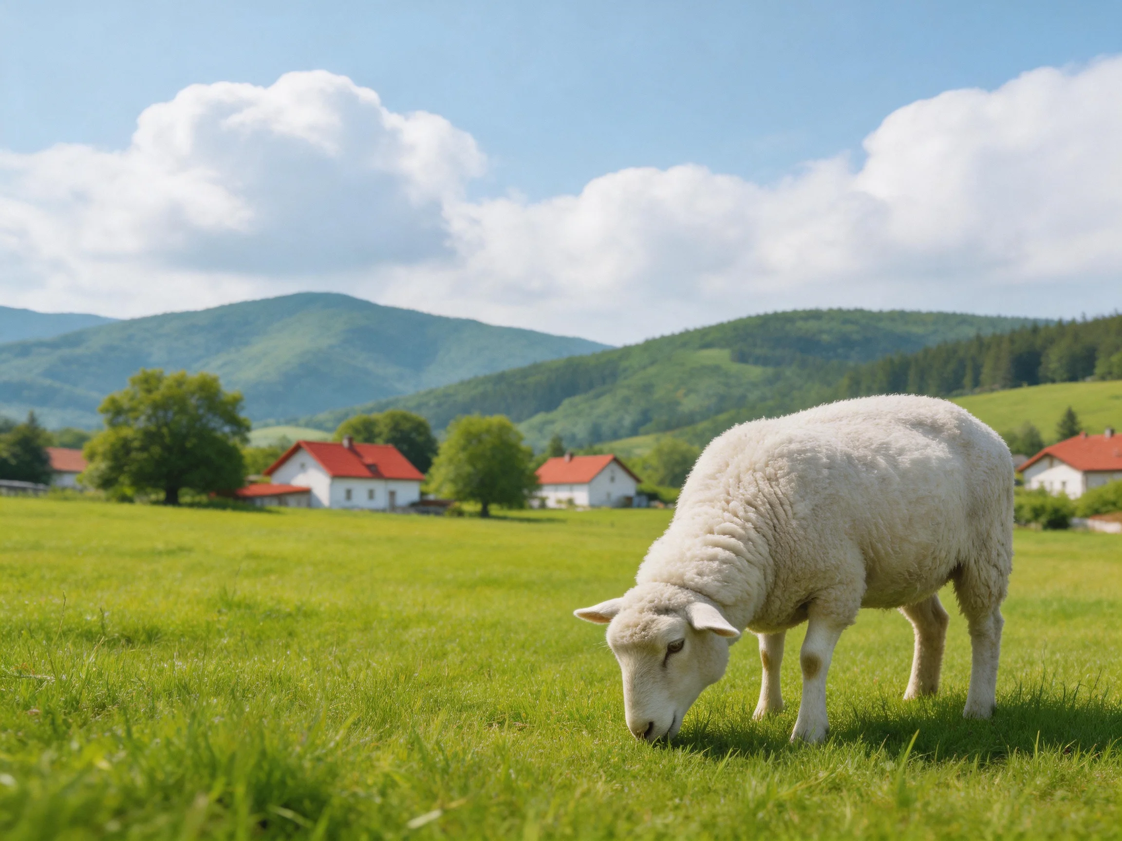 A white sheep grazes in a lush green meadow near red-roofed cottages