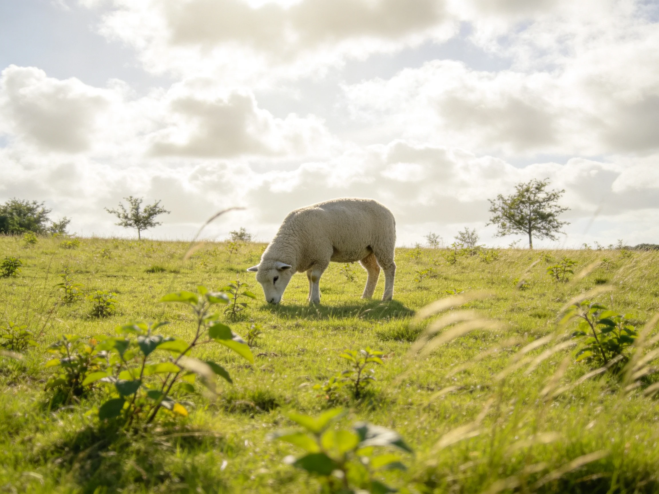 A white sheep grazes in a sunlit green pasture with scattered trees