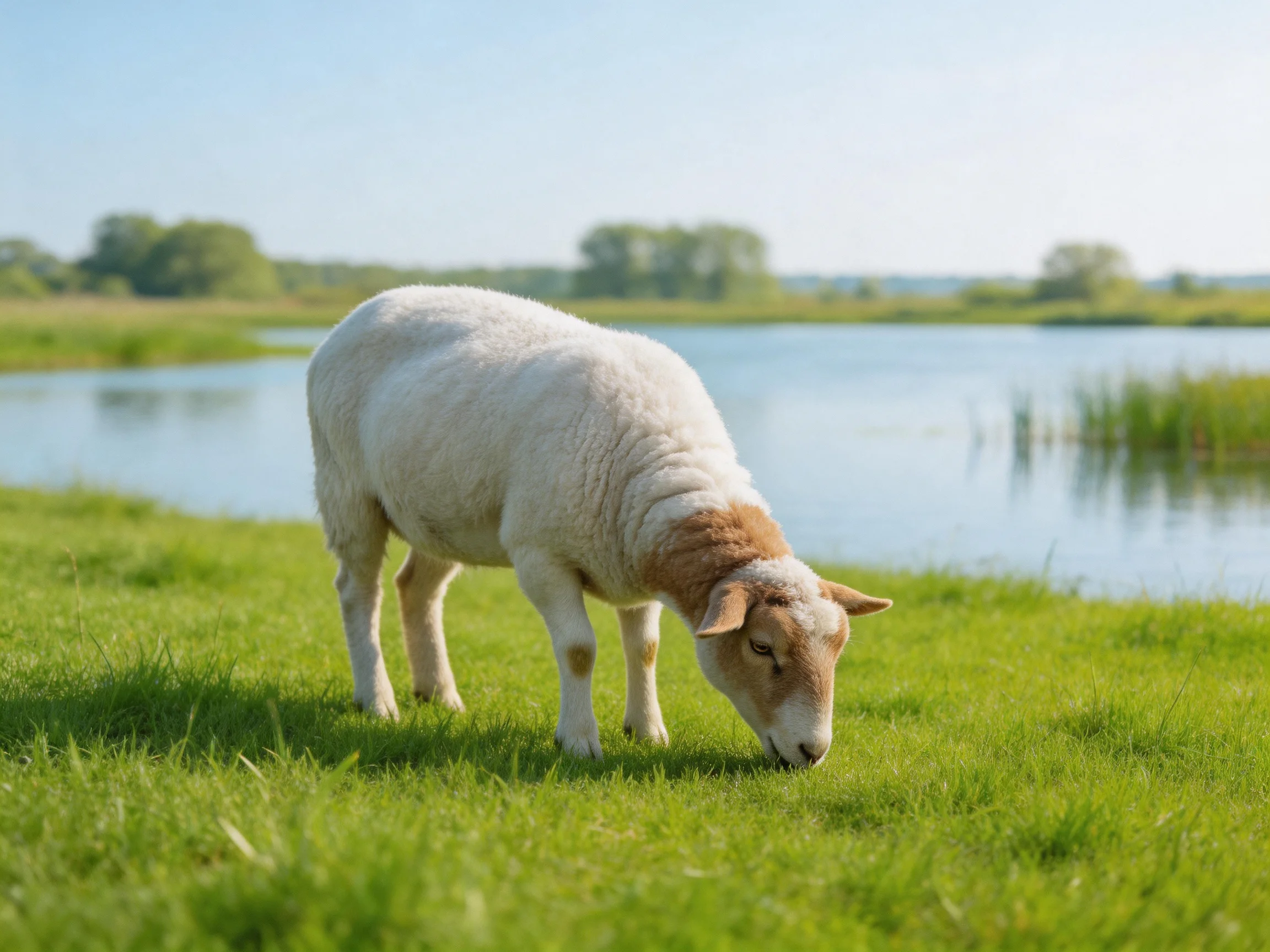 A white sheep grazes near a calm blue lake