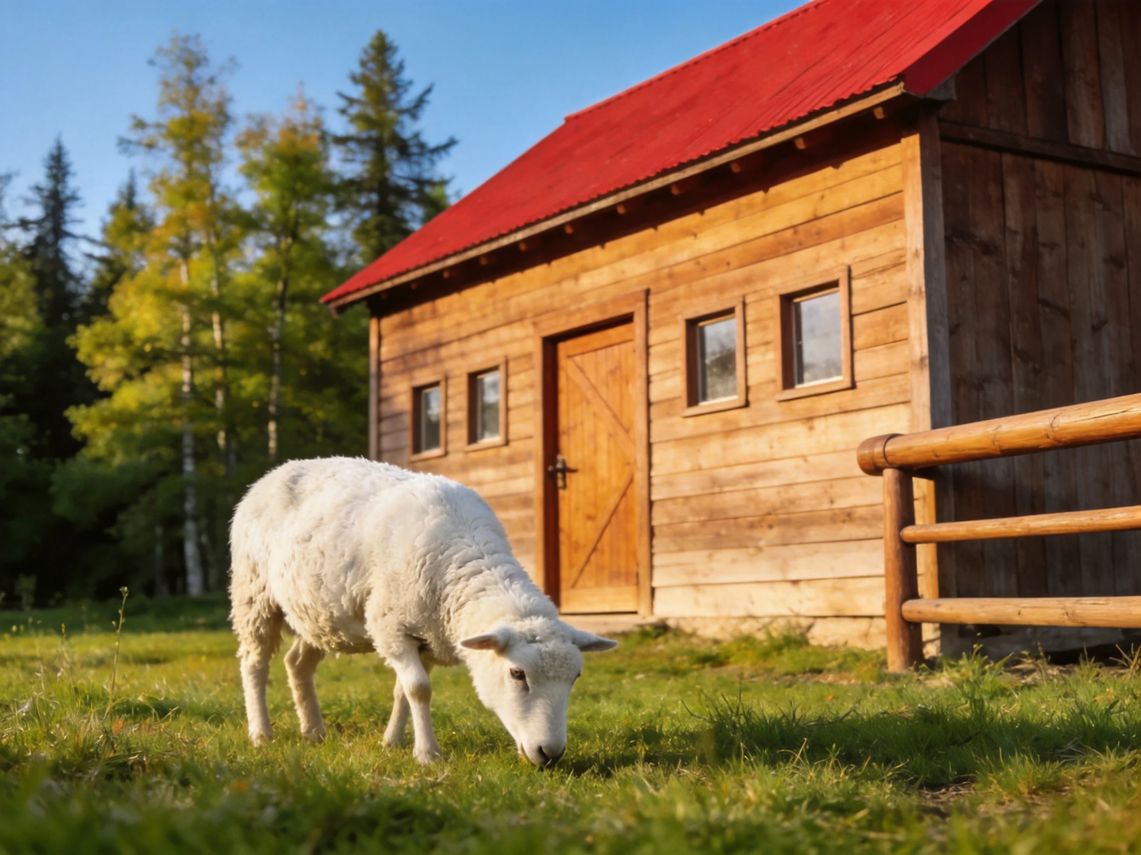 A white sheep grazes near a rustic wooden cabin with a red roof