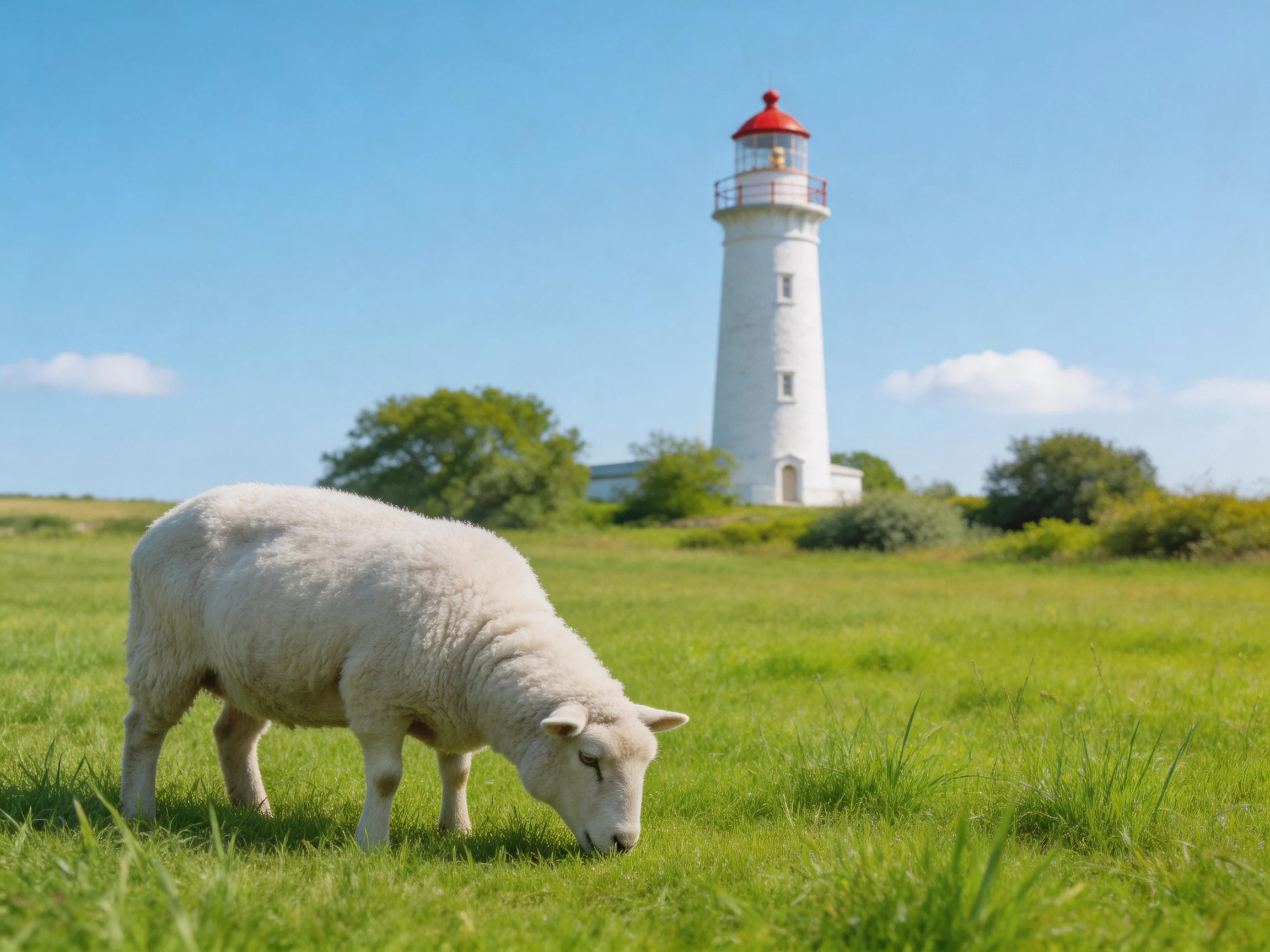 A white sheep grazes near a tall white lighthouse under clear blue skies