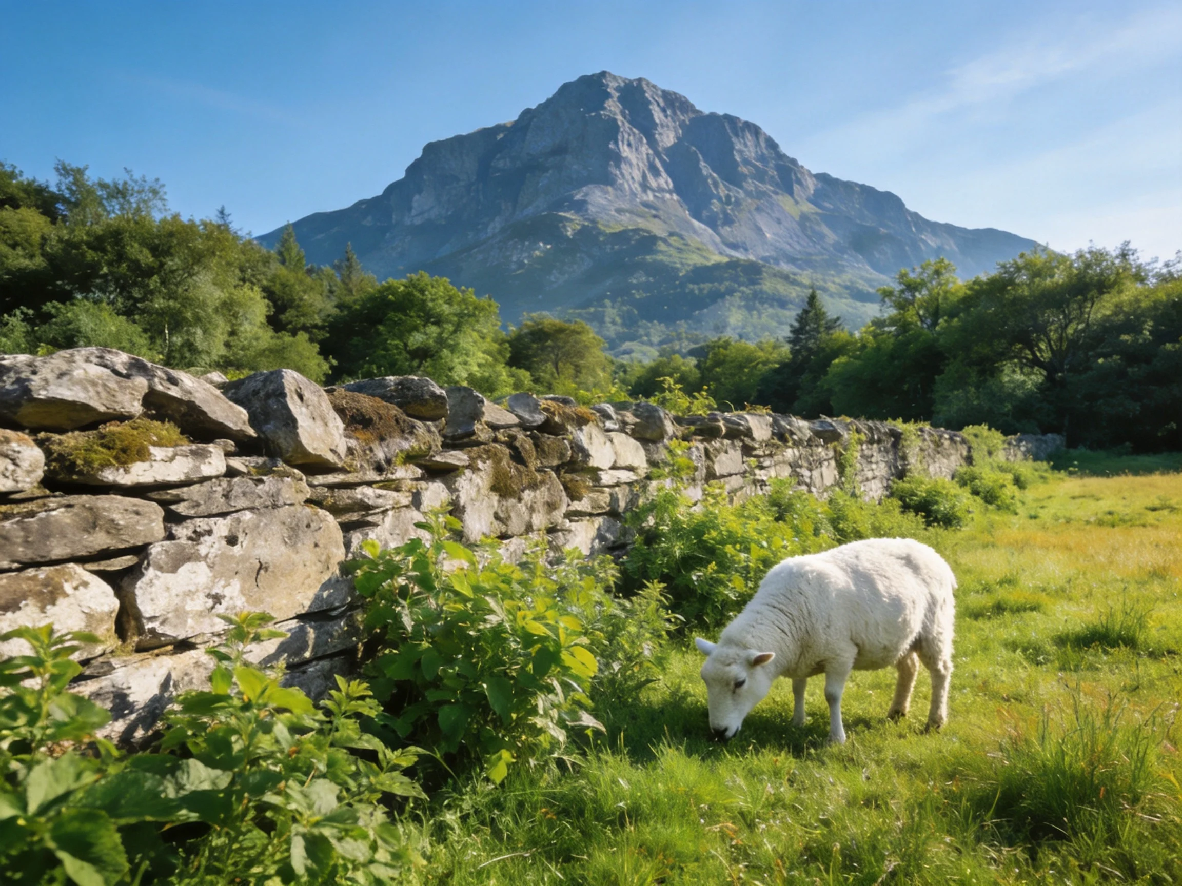 A white sheep grazes near an old stone wall with a towering mountain