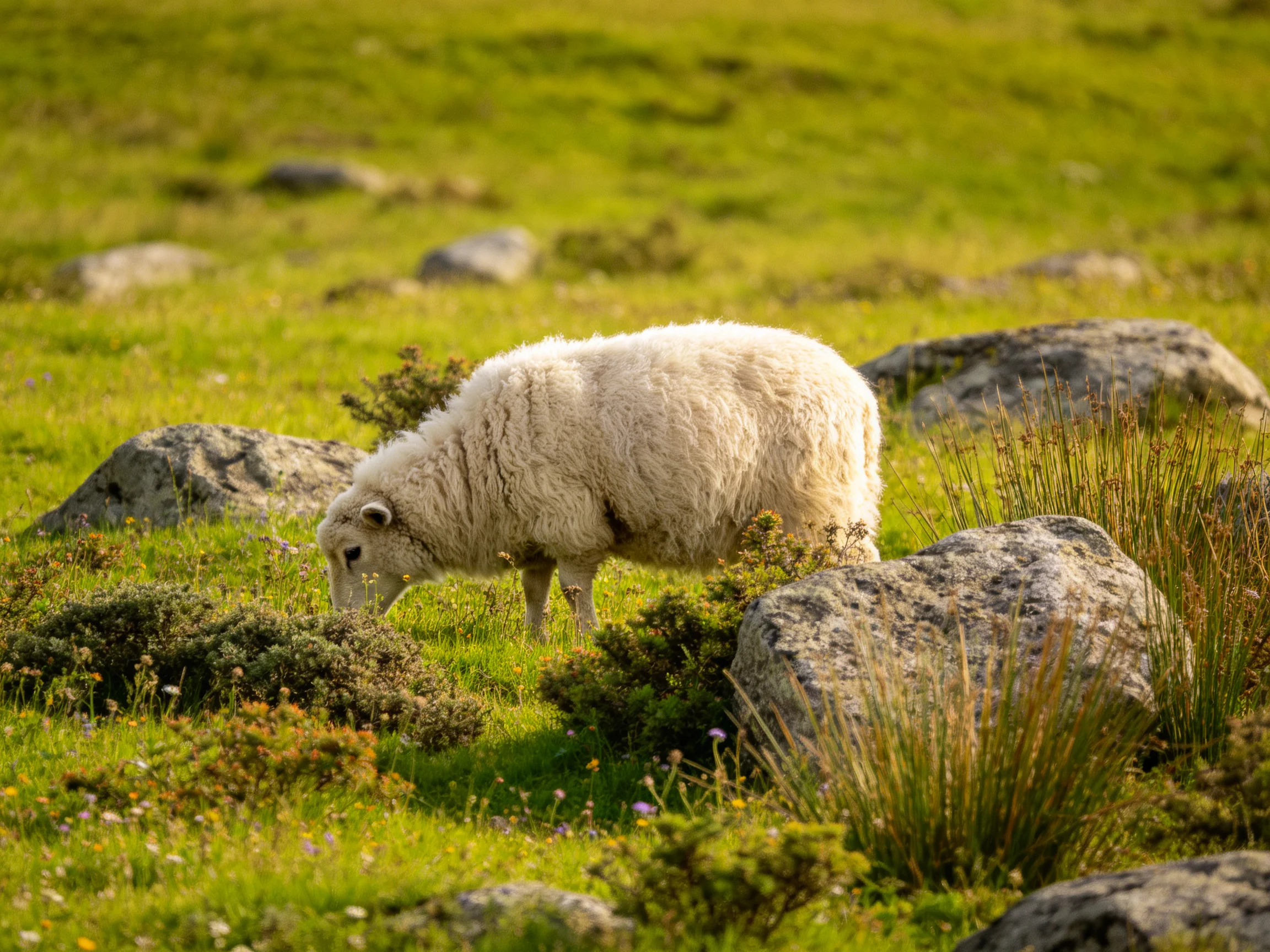 A white sheep grazes near rocks in a green meadow