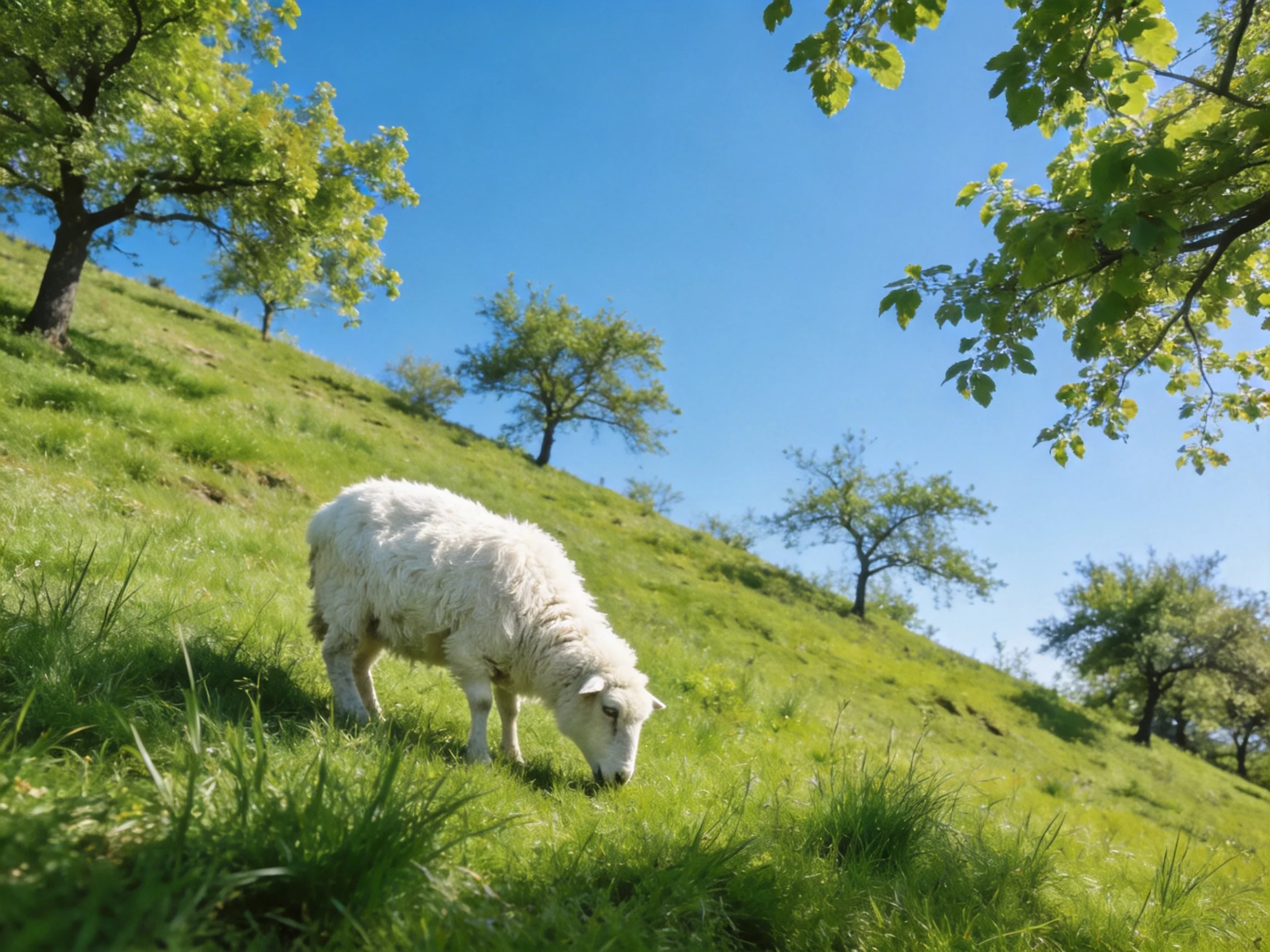 A sheep grazes on a grassy hillside surrounded by trees under a clear blue sky