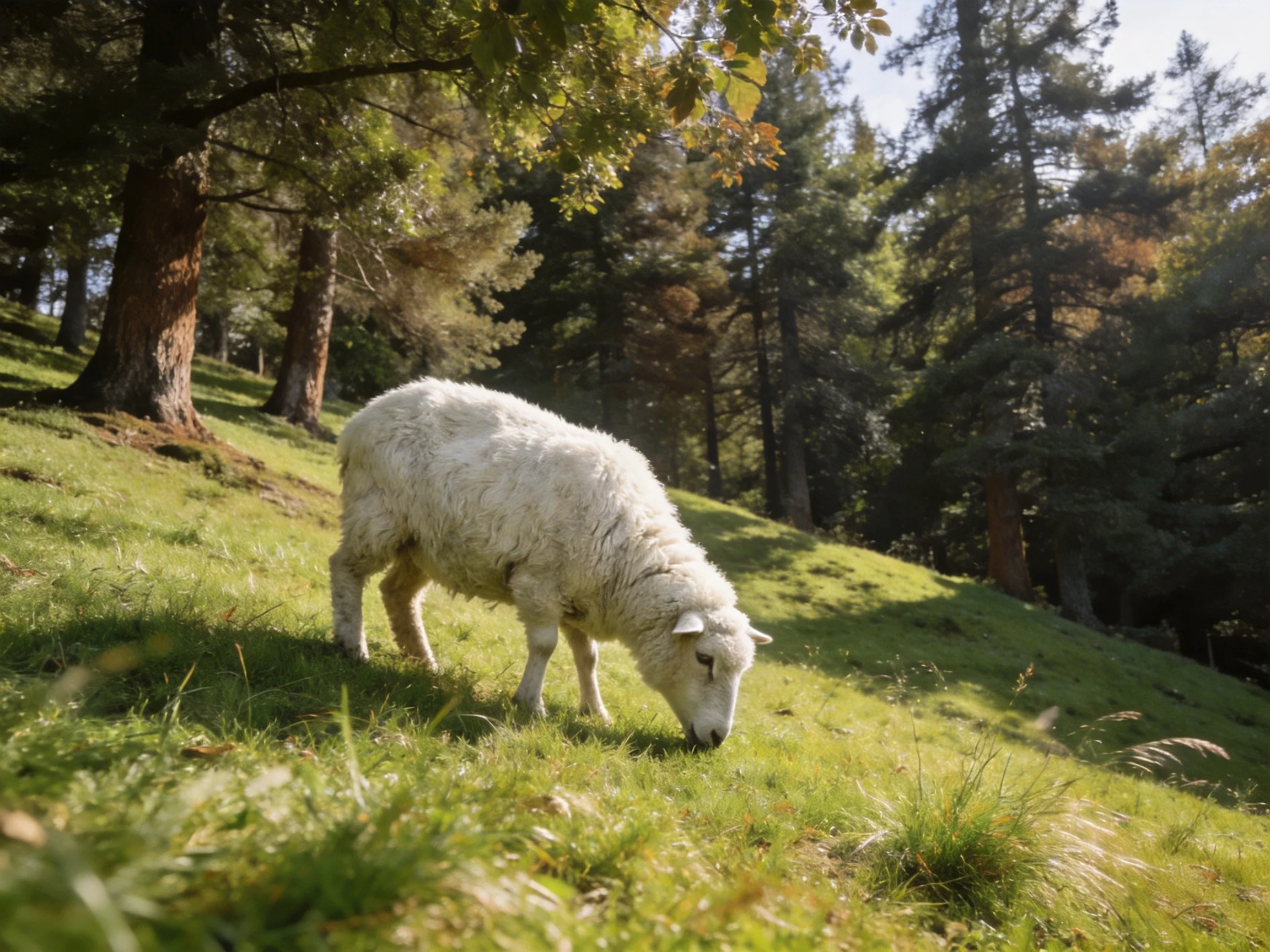 A white sheep grazes on a sunlit forested grassy slope