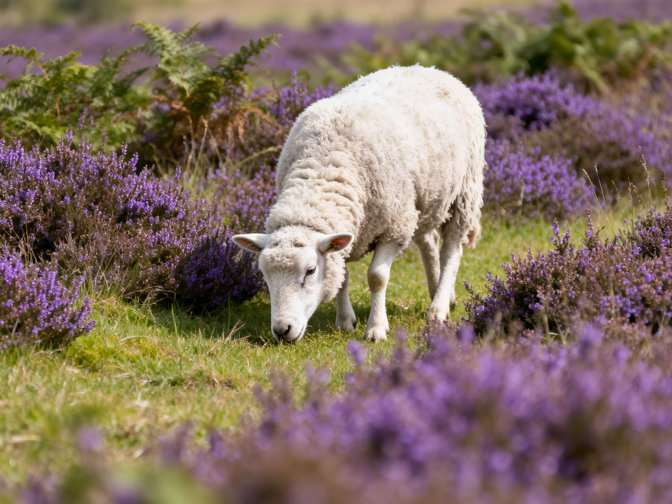A white sheep grazing among vibrant purple heather fields