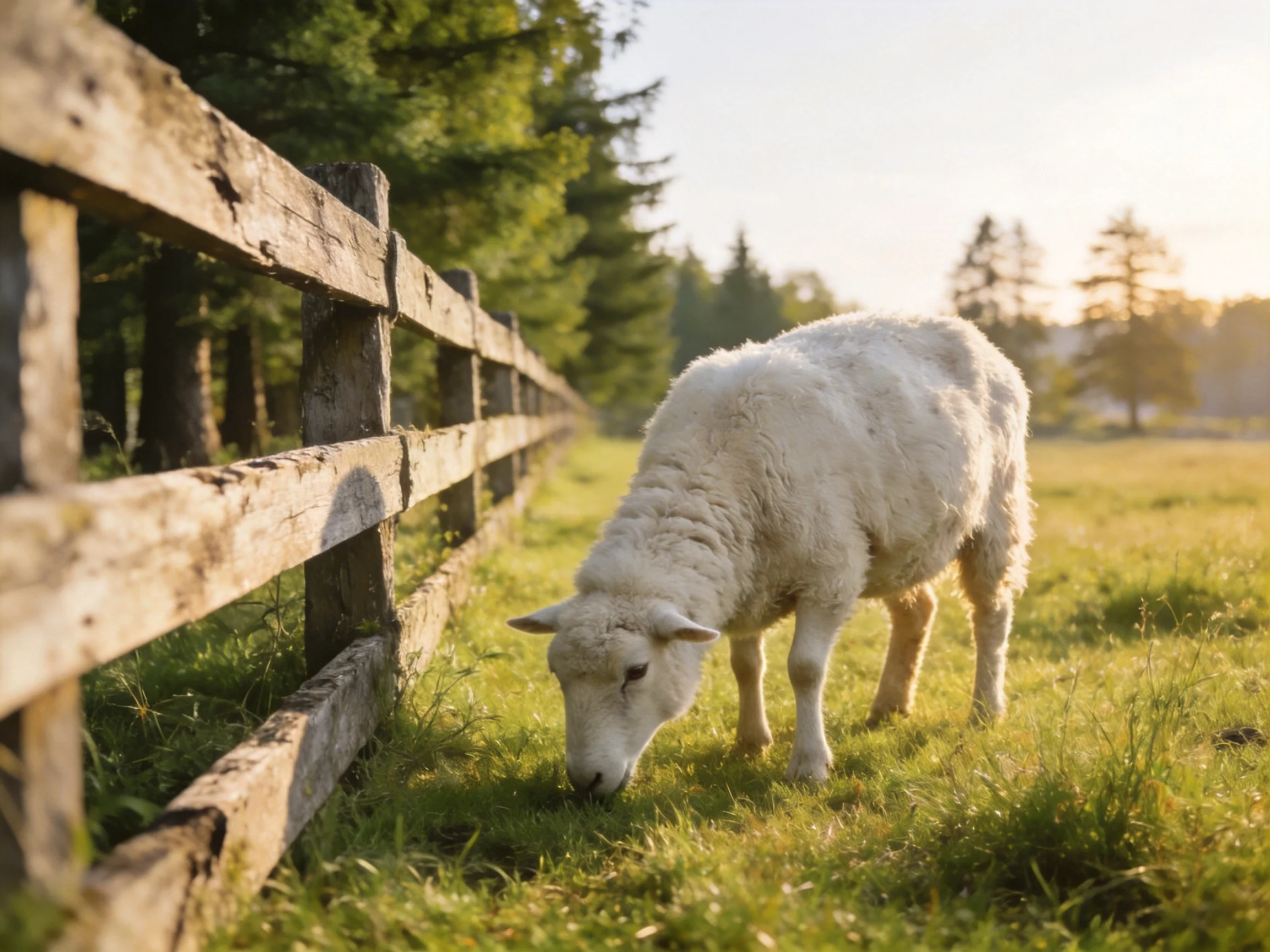 A white sheep grazing beside a weathered wooden fence in a sunlit meadow