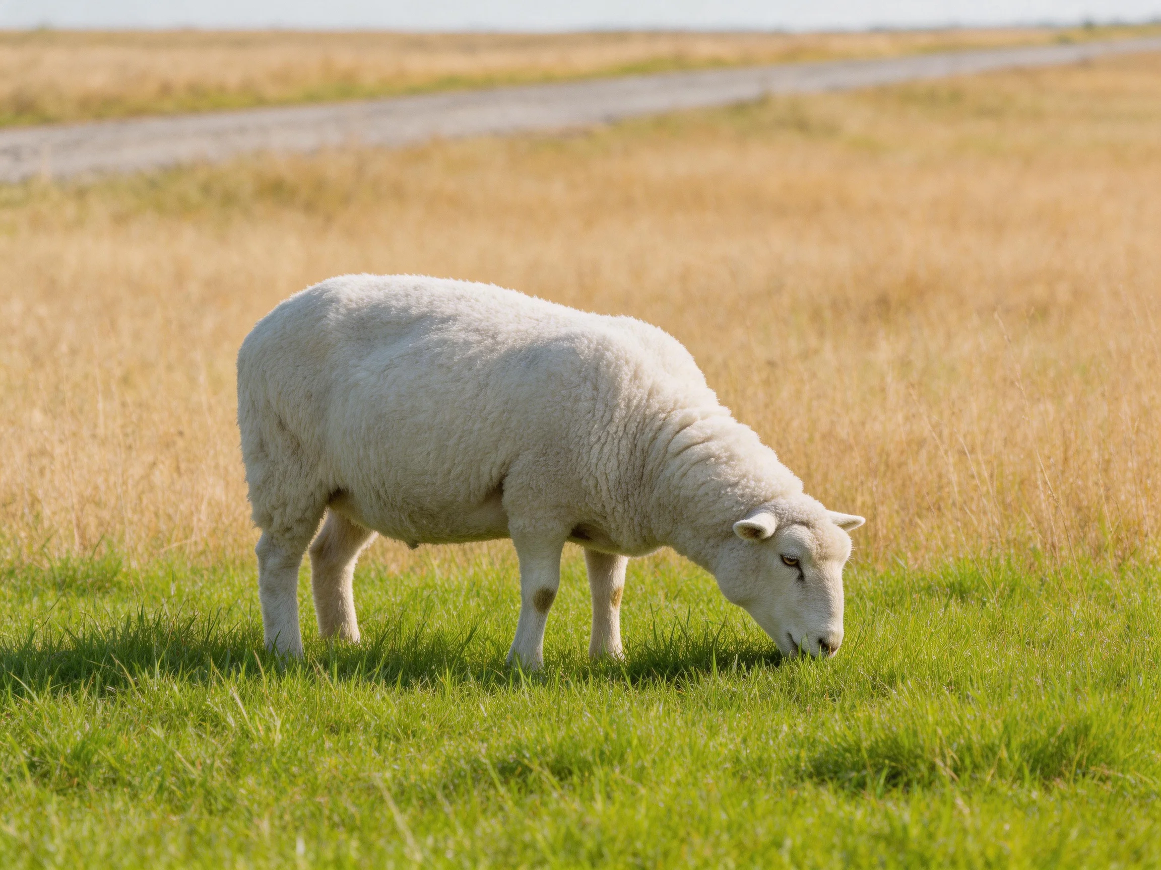 A white sheep grazes in a field with mixed green and brown grass.