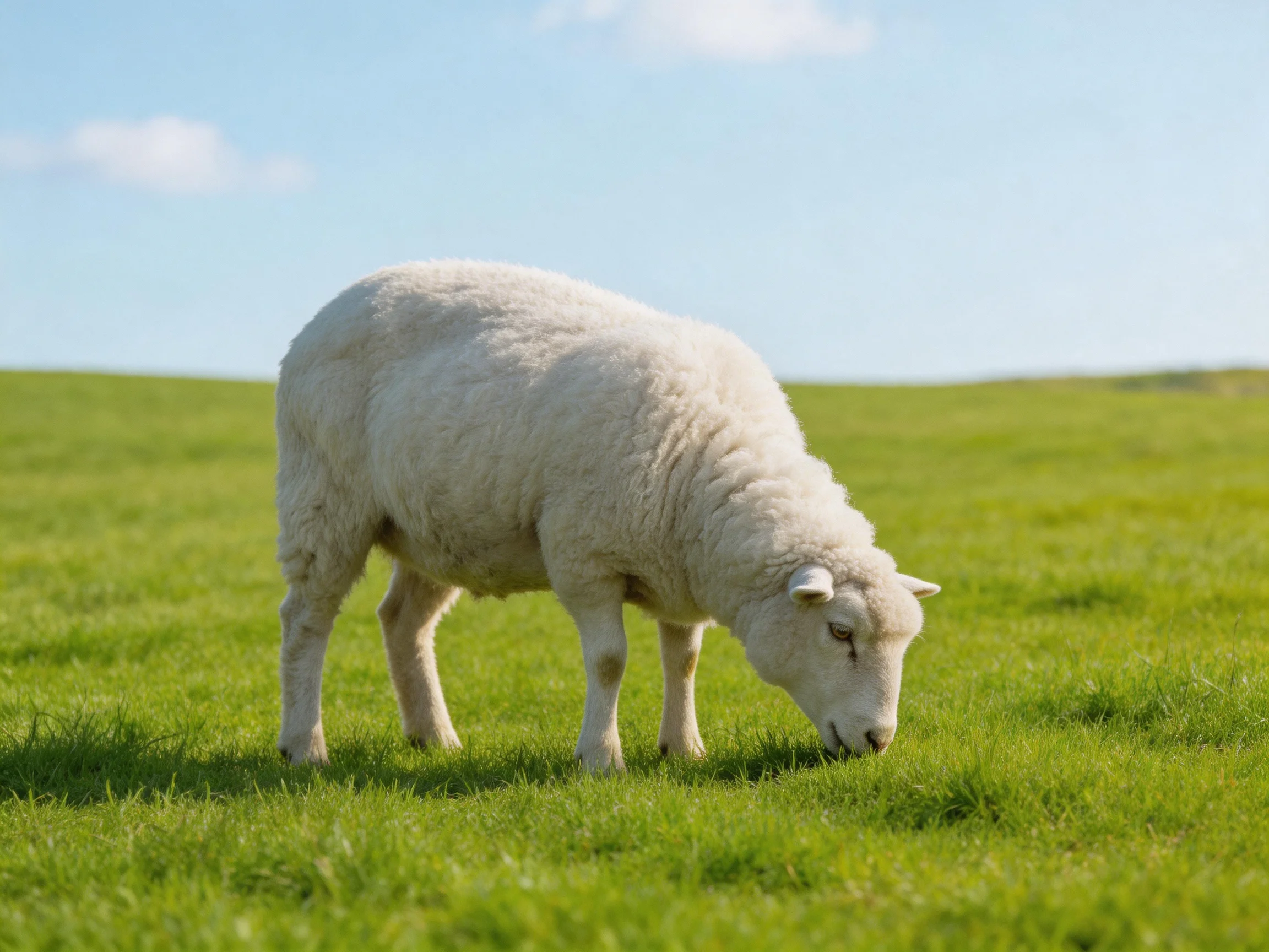A white sheep grazing in a vast green meadow under clear blue sky
