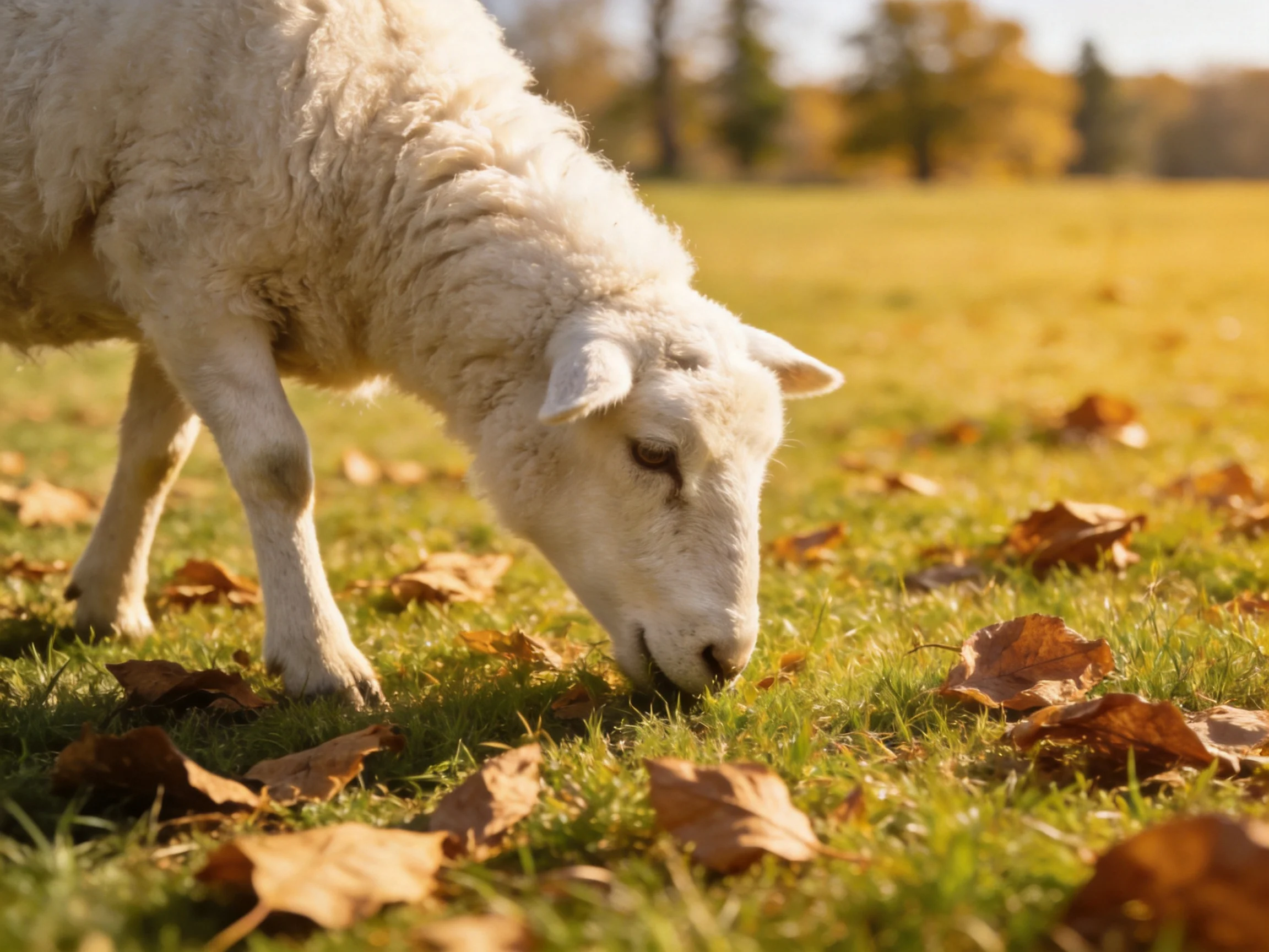 A white sheep grazing in an autumnal field with scattered brown leaves