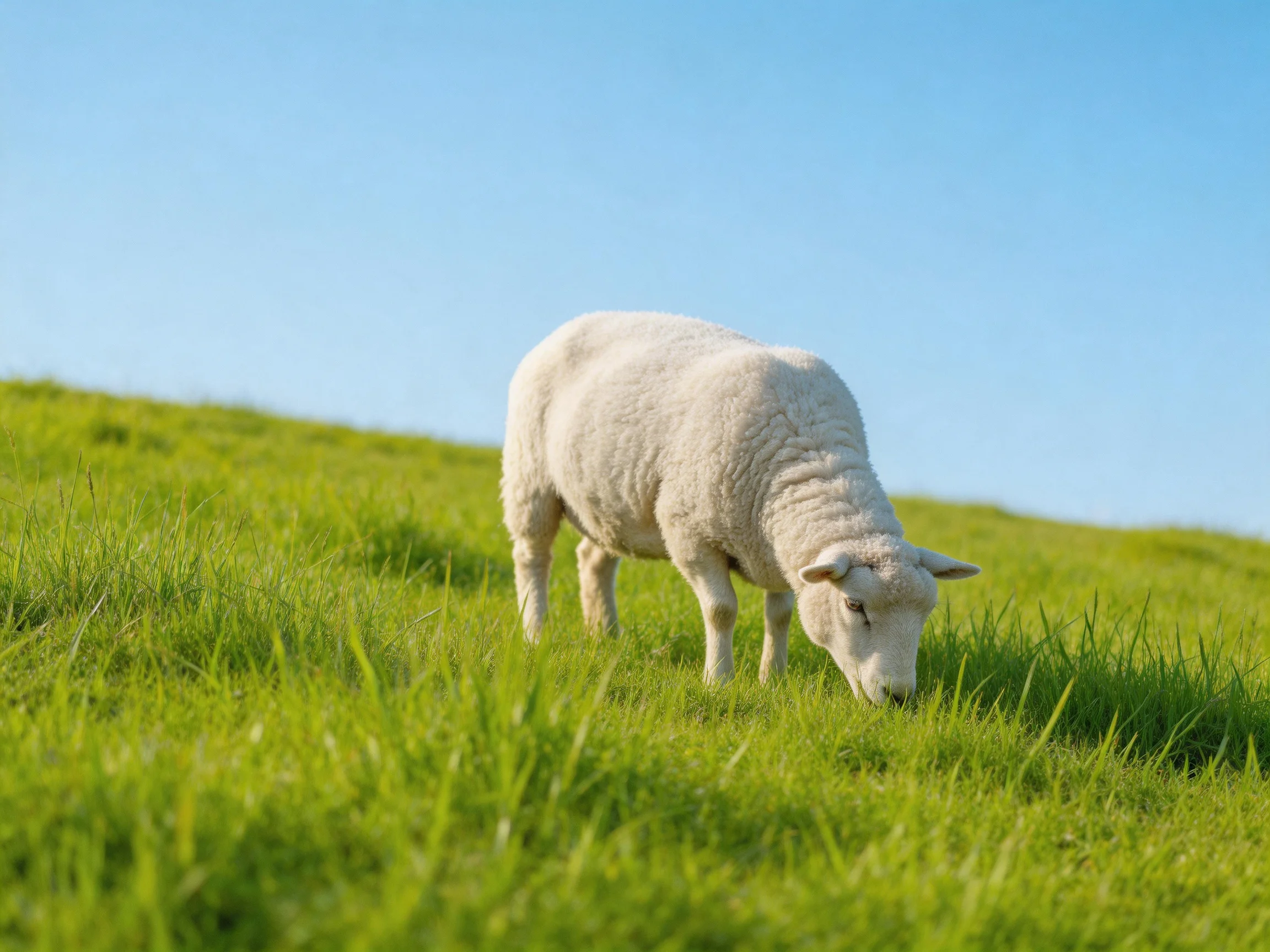 A white sheep grazing on lush green grassy hillside under clear blue sky