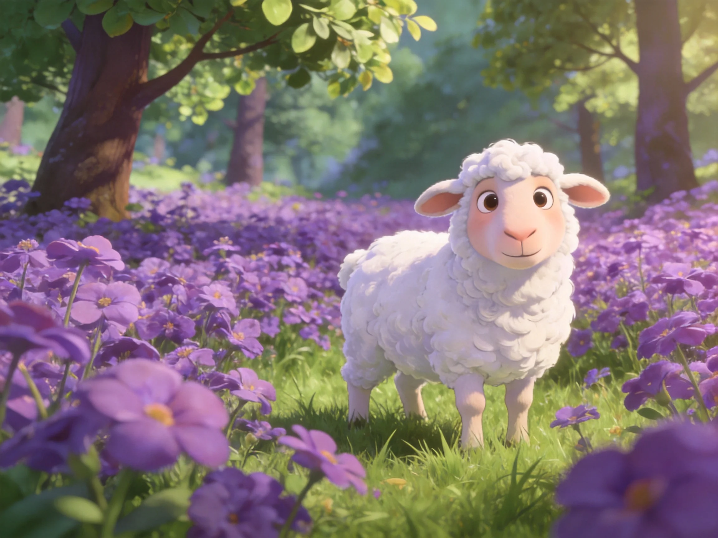 A white sheep in a purple flower-filled wooded area