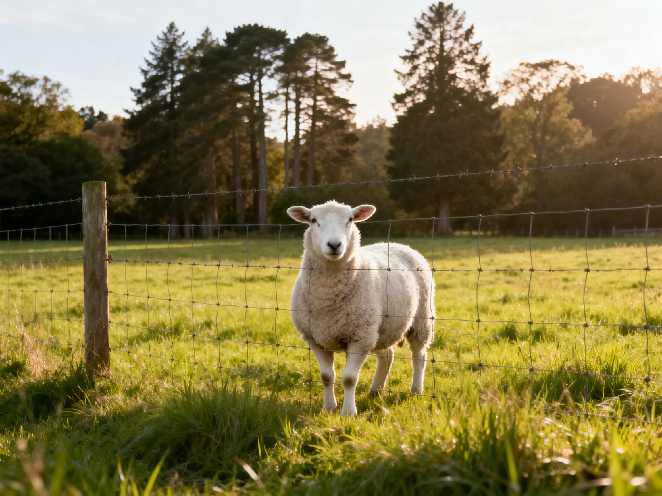 A white sheep in a sunlit green pasture near barbed wire fencing