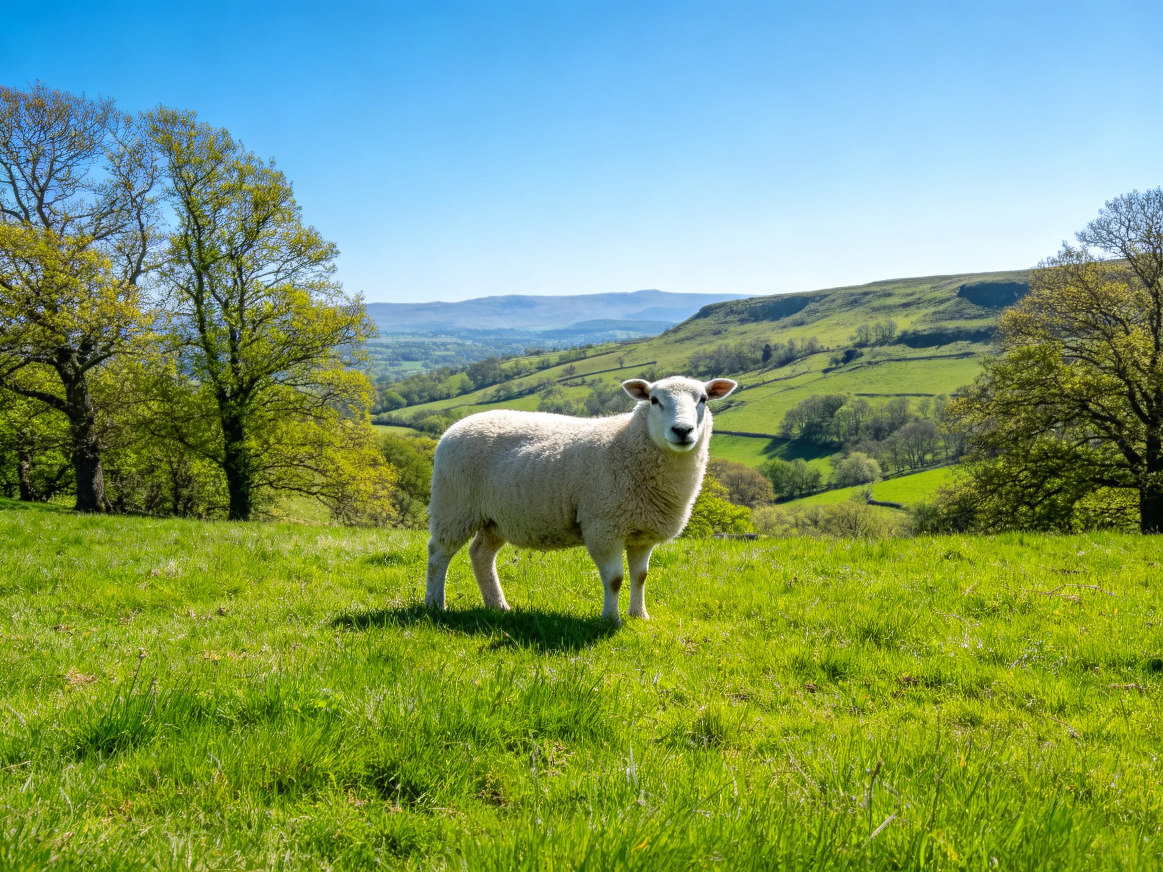 A white sheep in a verdant meadow with rolling hills
