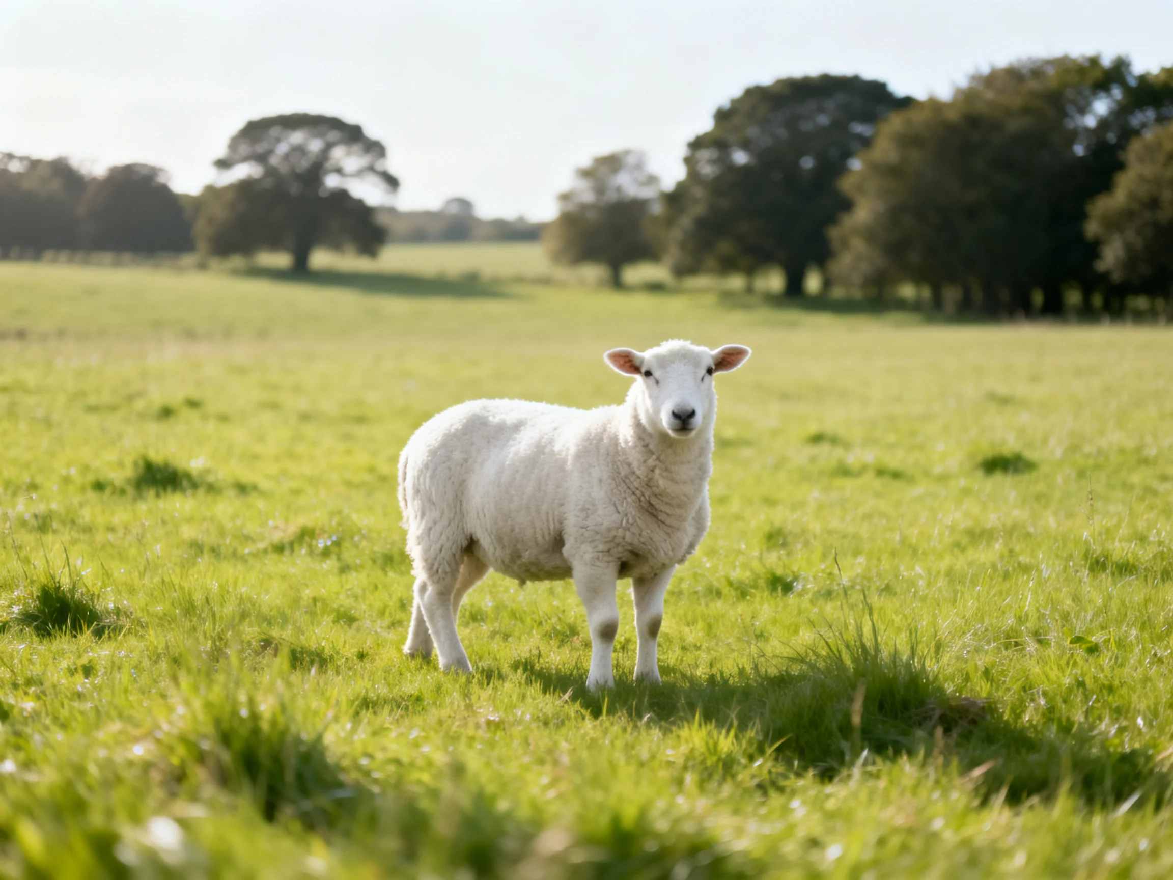 A white sheep in sunlit green pasture with trees