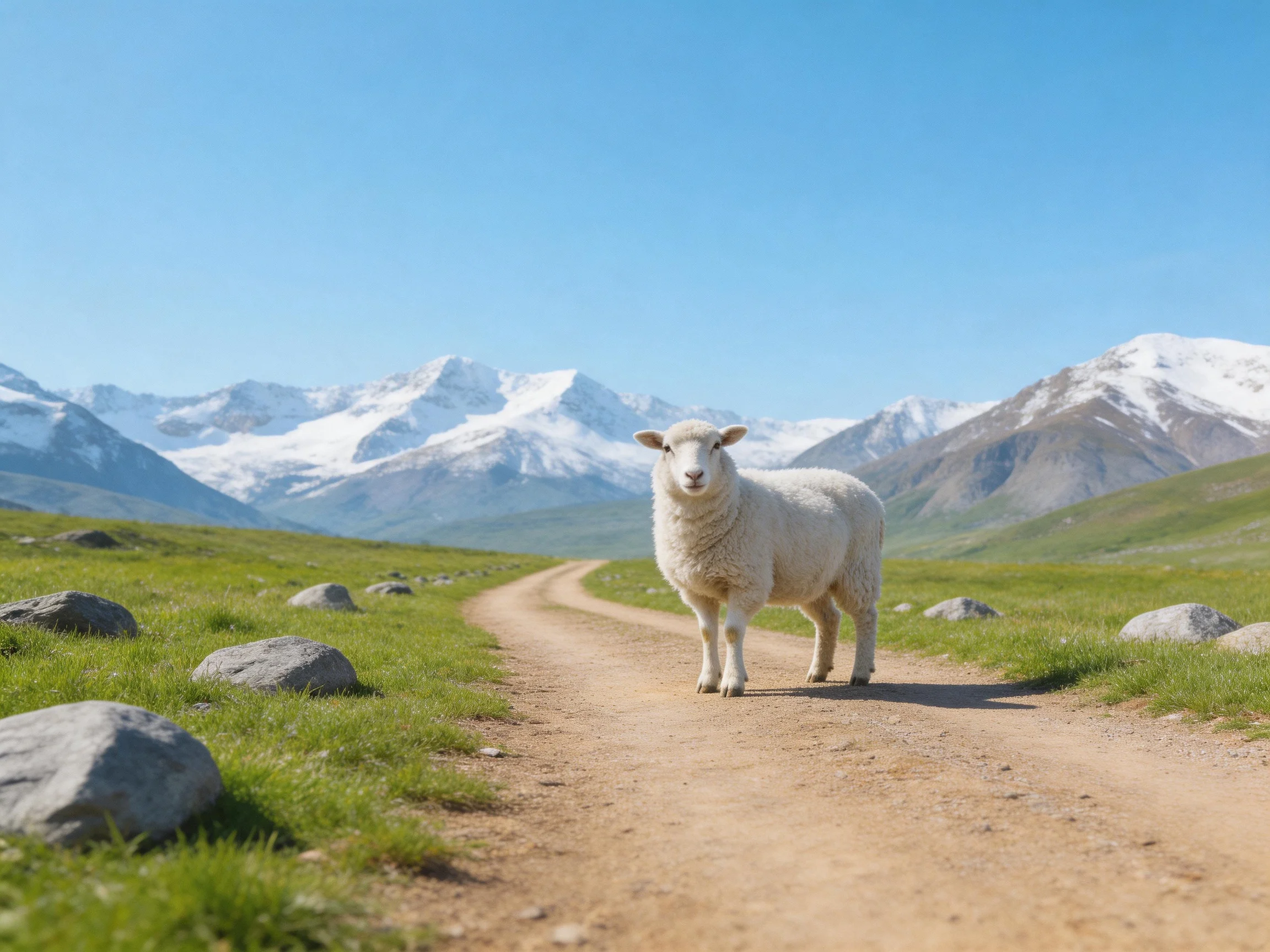 A white sheep on a dusty path near snow - capped mountains