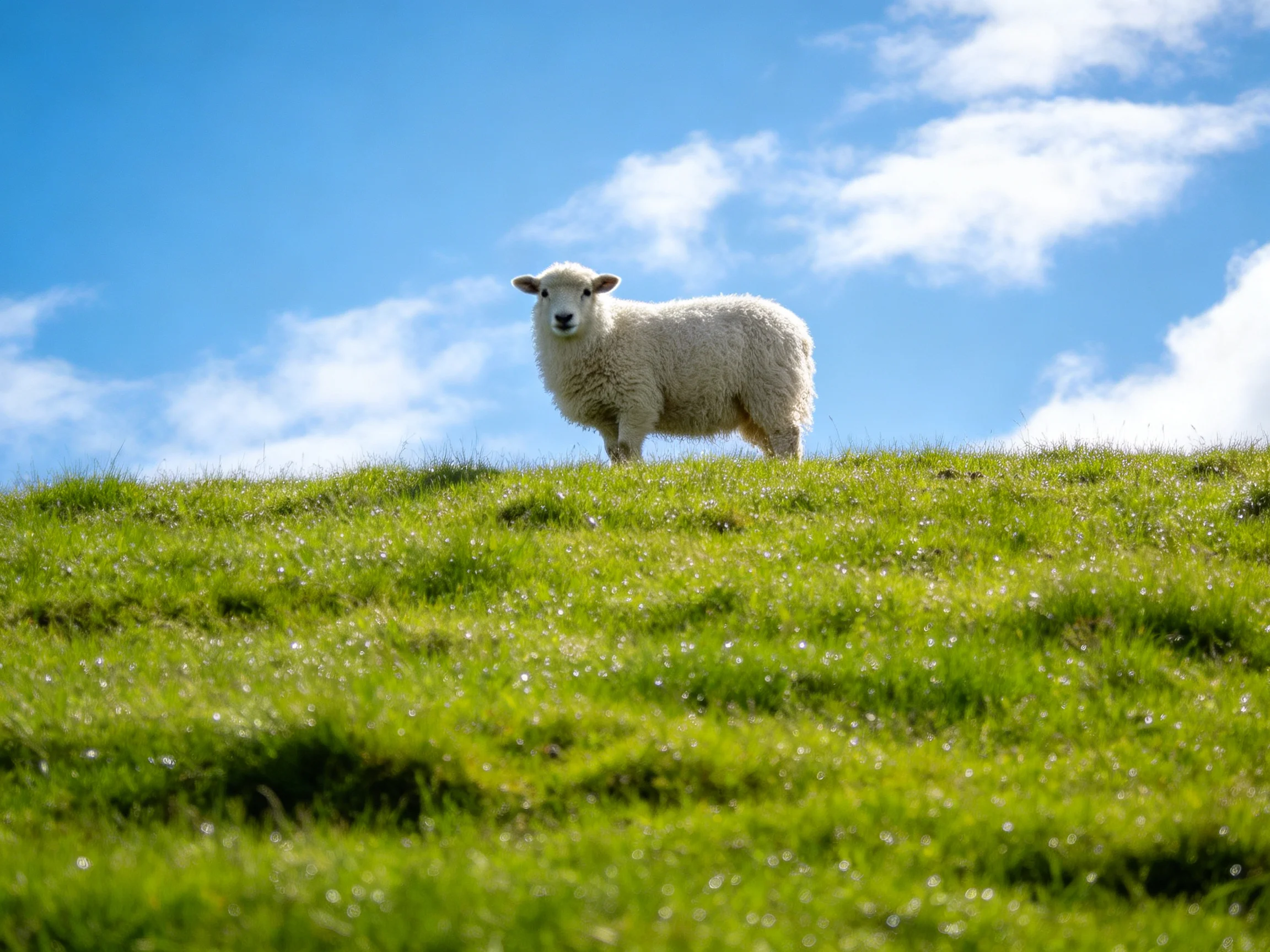 A white sheep on a green hillside with blue sky