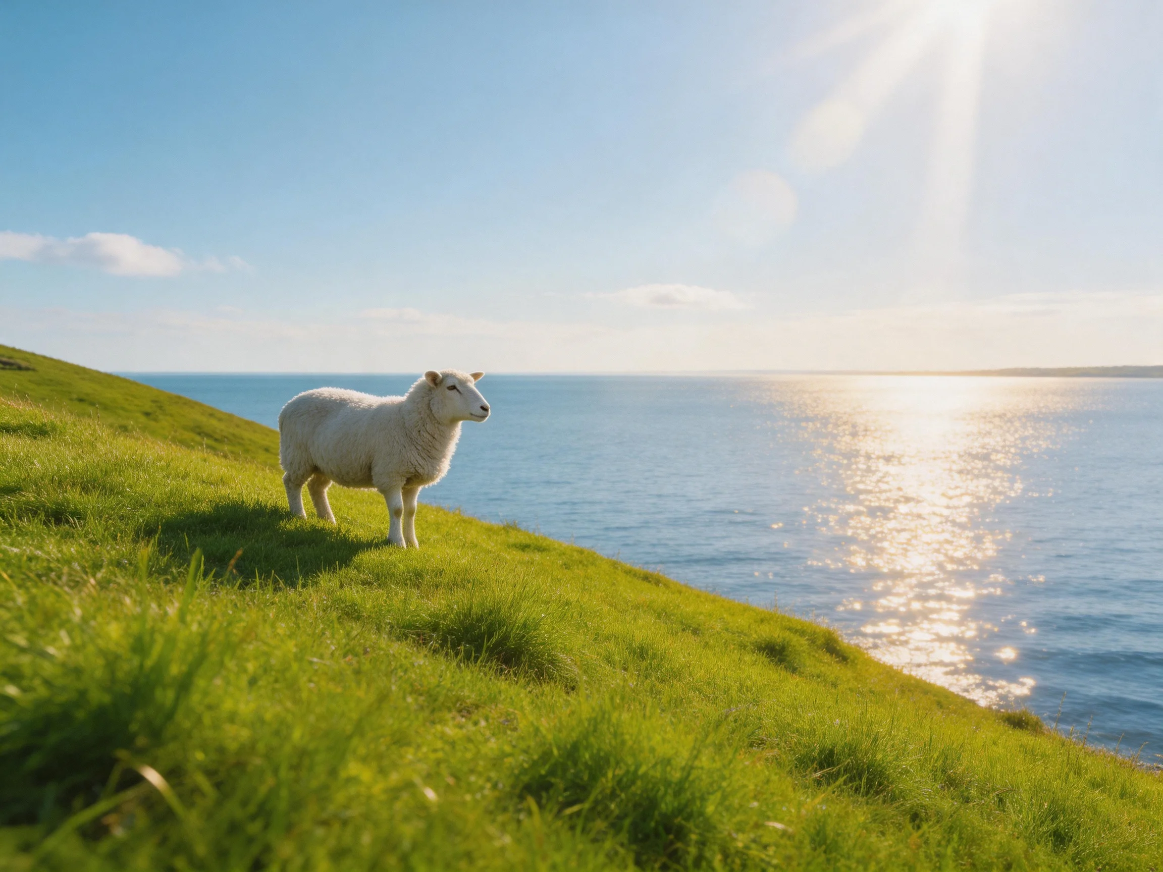 A white sheep on a lush green hillside by calm blue waters