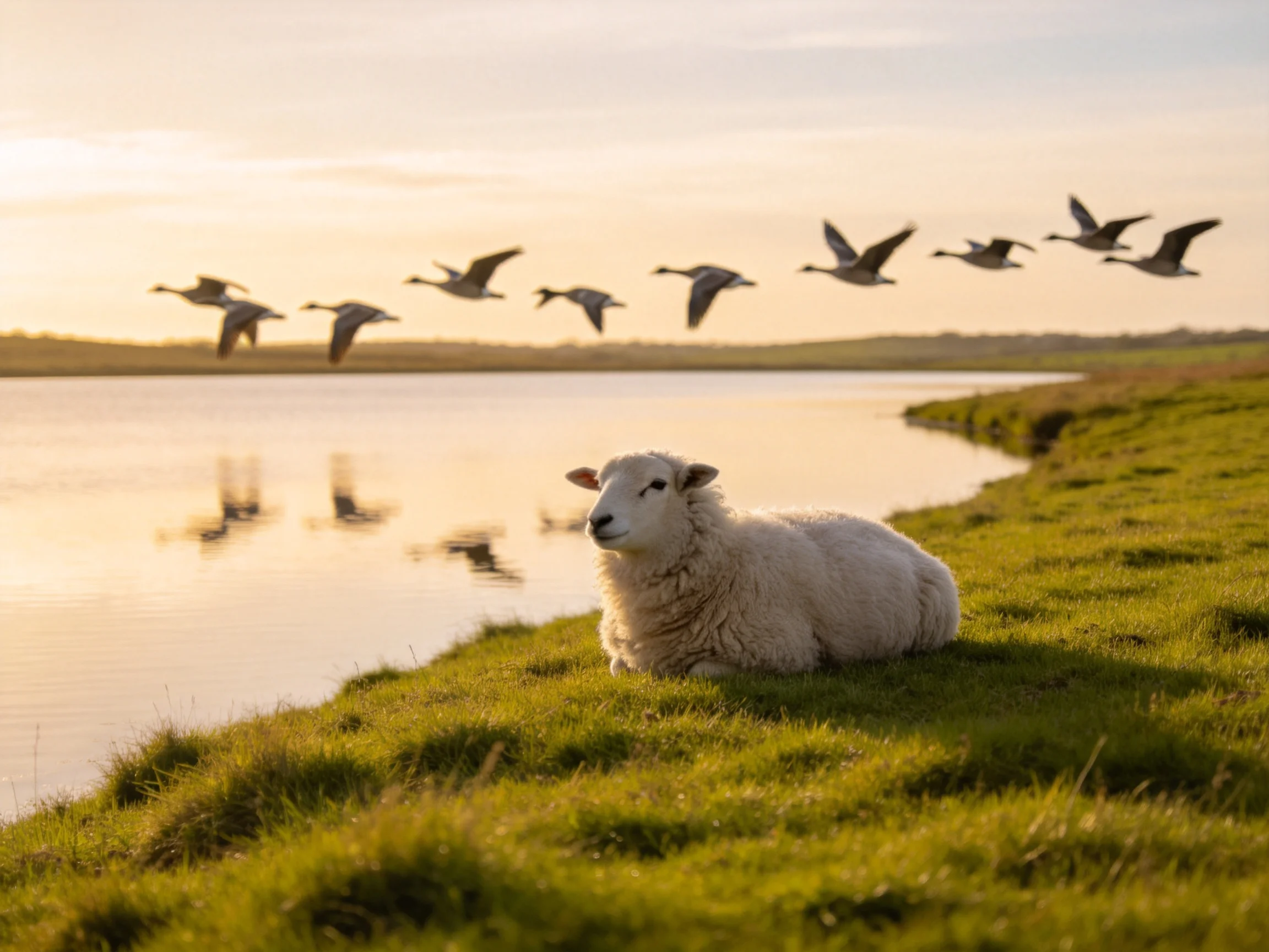 A white sheep rests by a calm body of water while geese fly overhead
