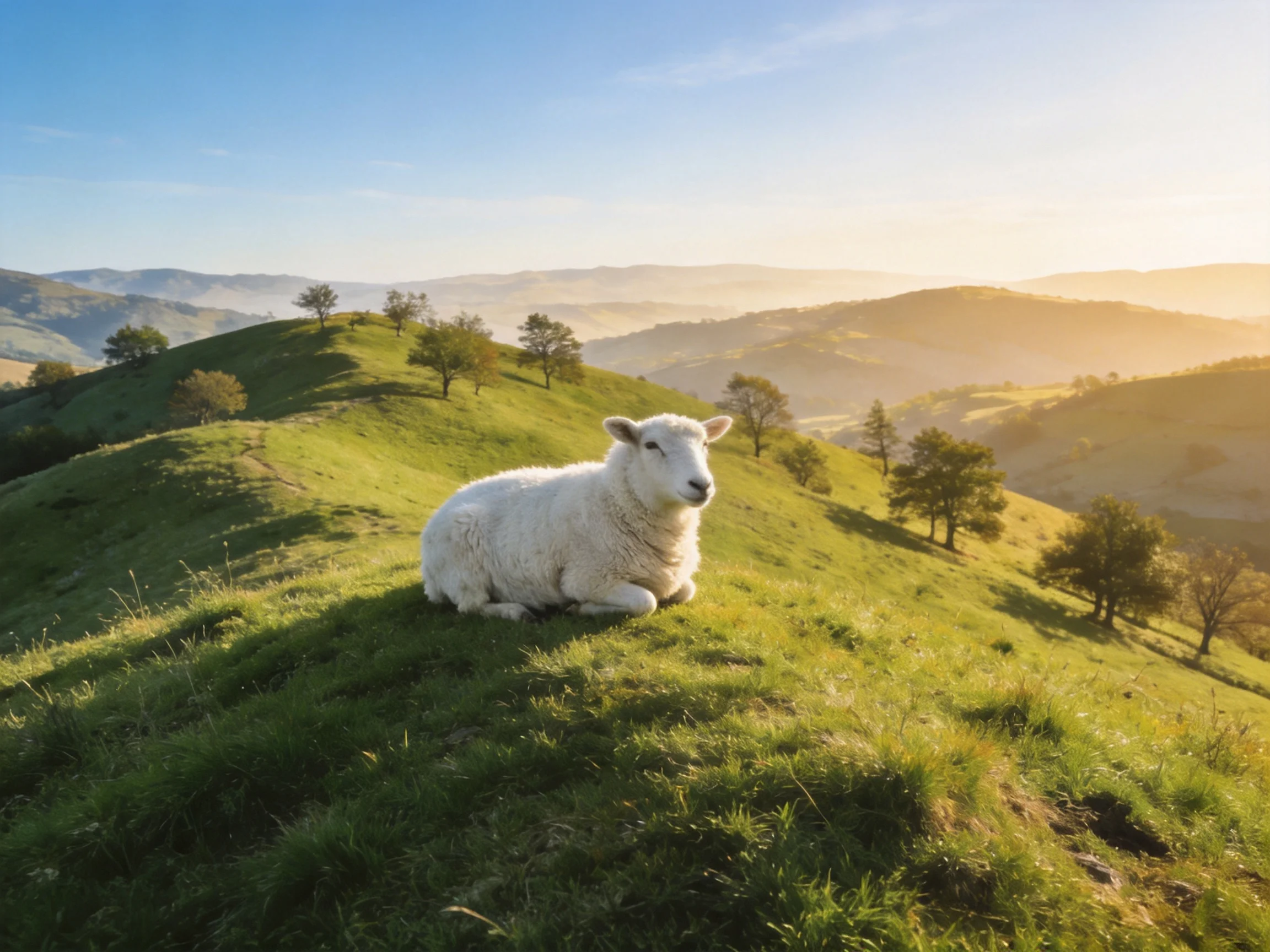 A white sheep relaxes on a grassy hillside amid rolling green hills and trees.