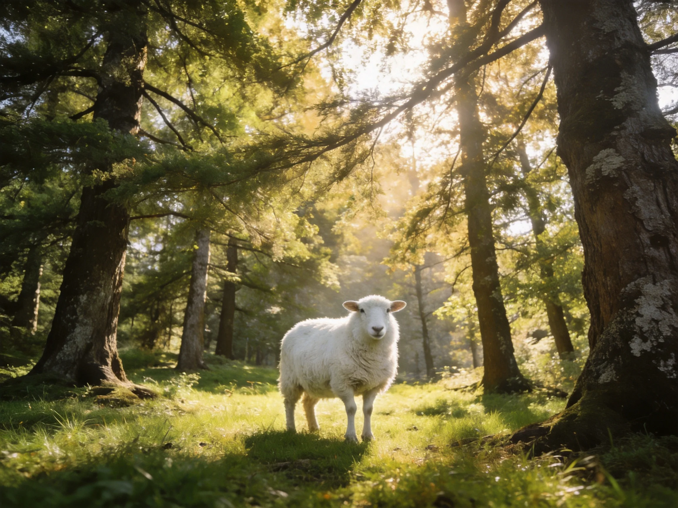A white sheep stands amid tall trees in sun-dappled forest