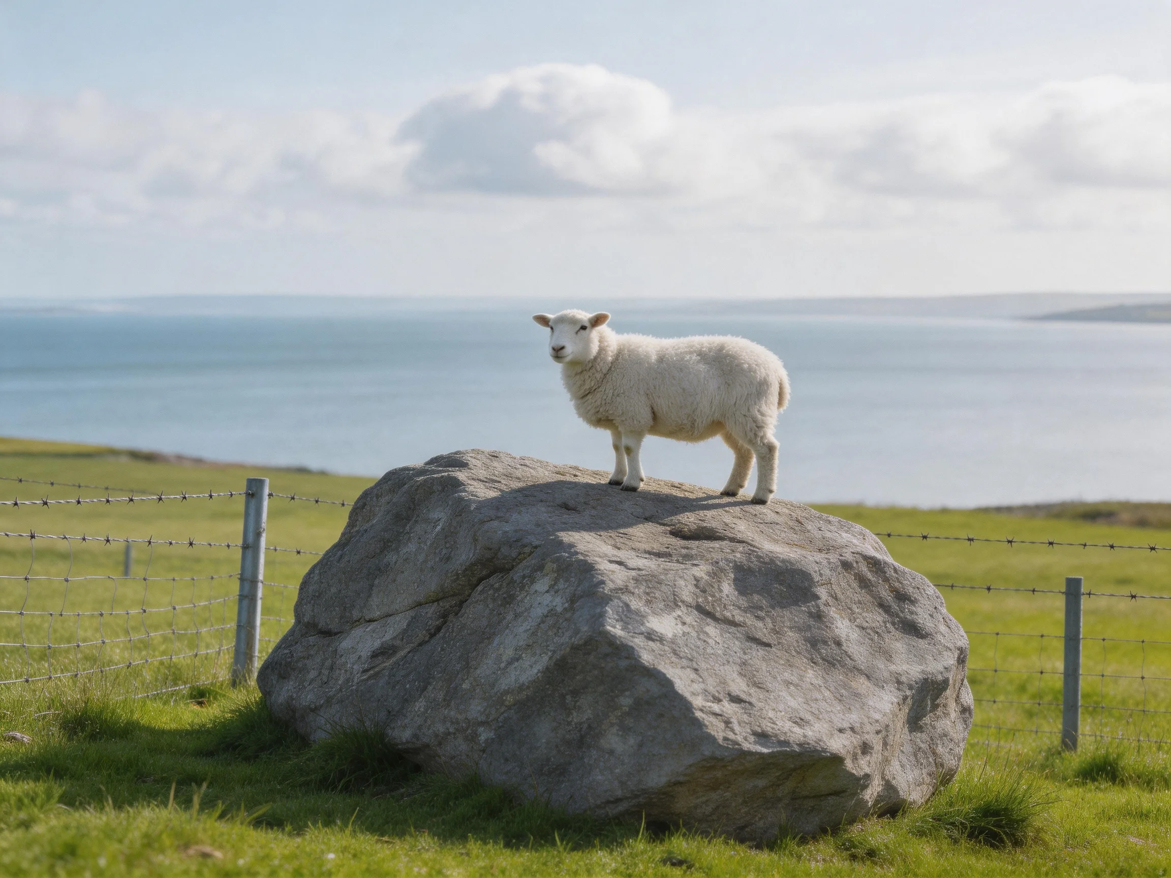 A sheep stands on a rock in a grassy area near water.