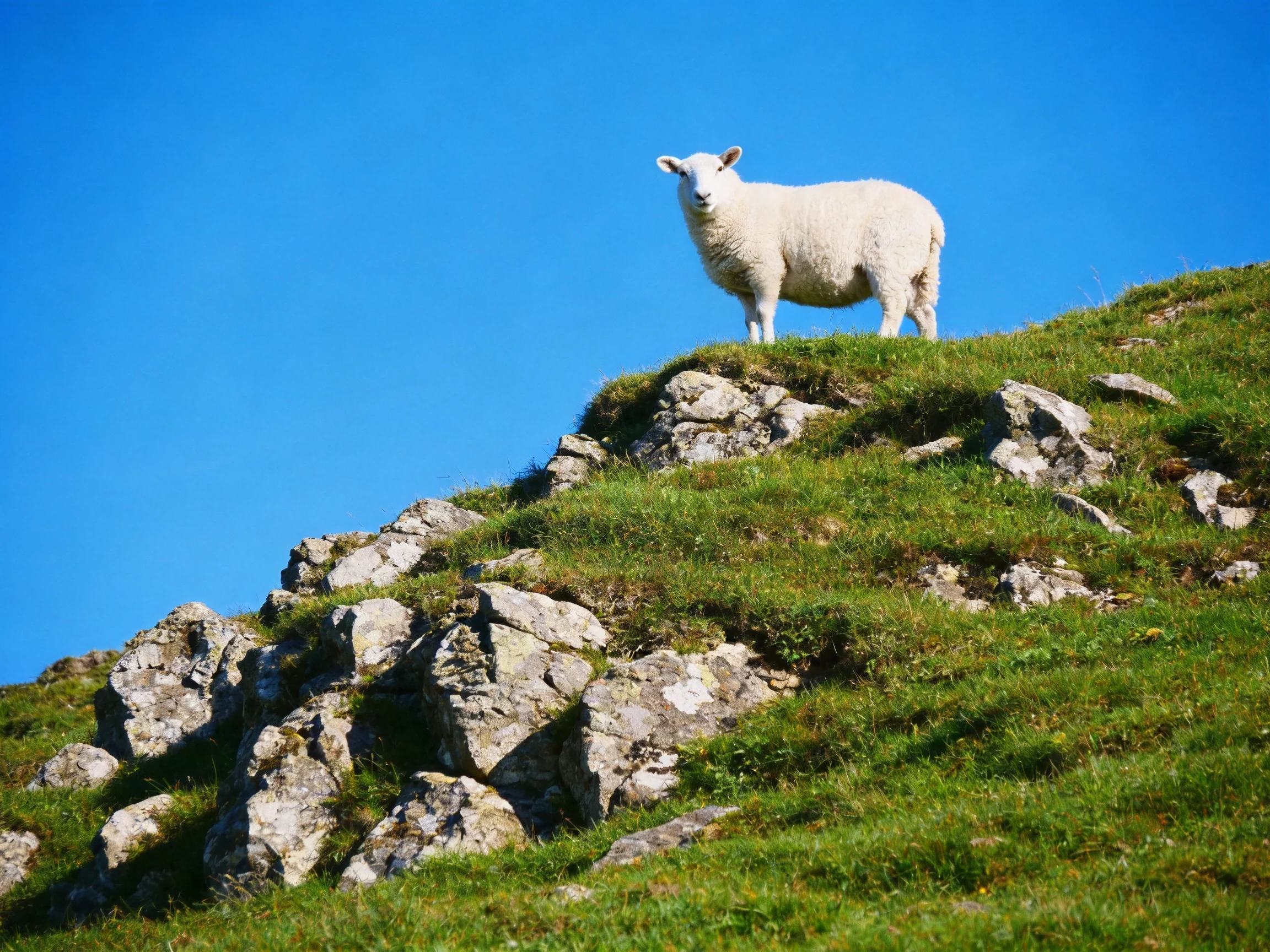 A white sheep stands atop a rocky, grassy hill under clear blue sky