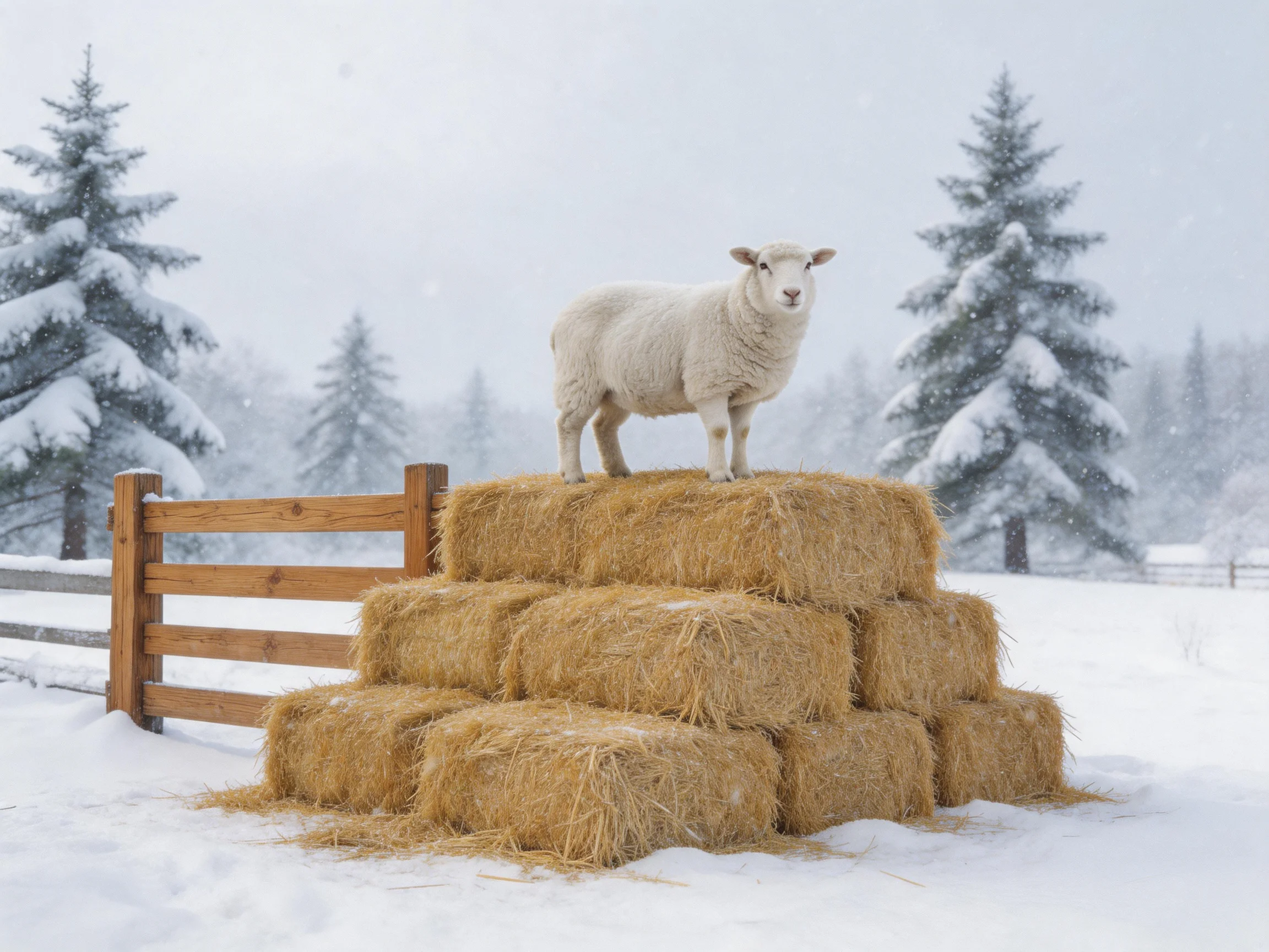A white sheep stands atop stacked hay bales in a snowy forest setting