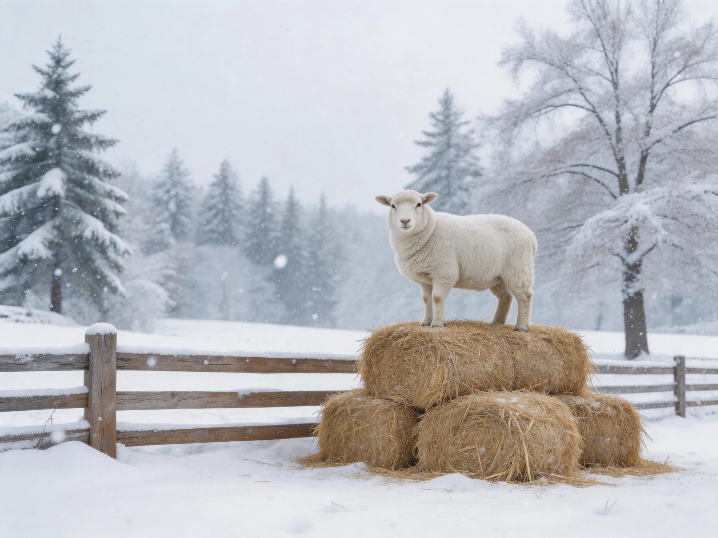 A white sheep stands atop stacked hay bales in a snowy winter landscape