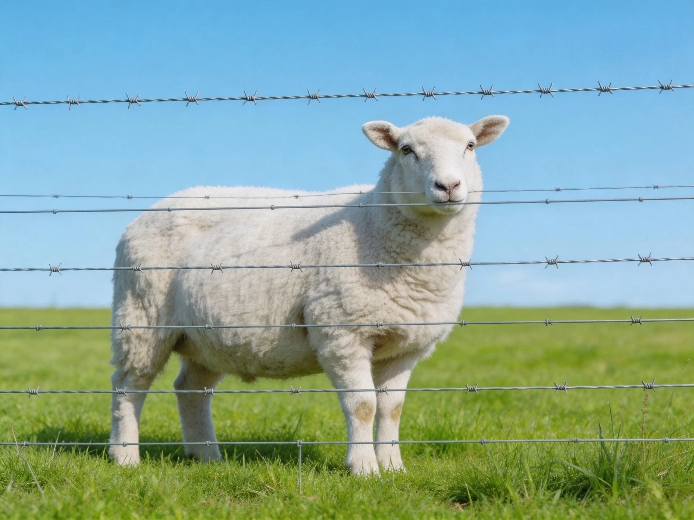 A white sheep stands behind barbed wire in a lush green meadow