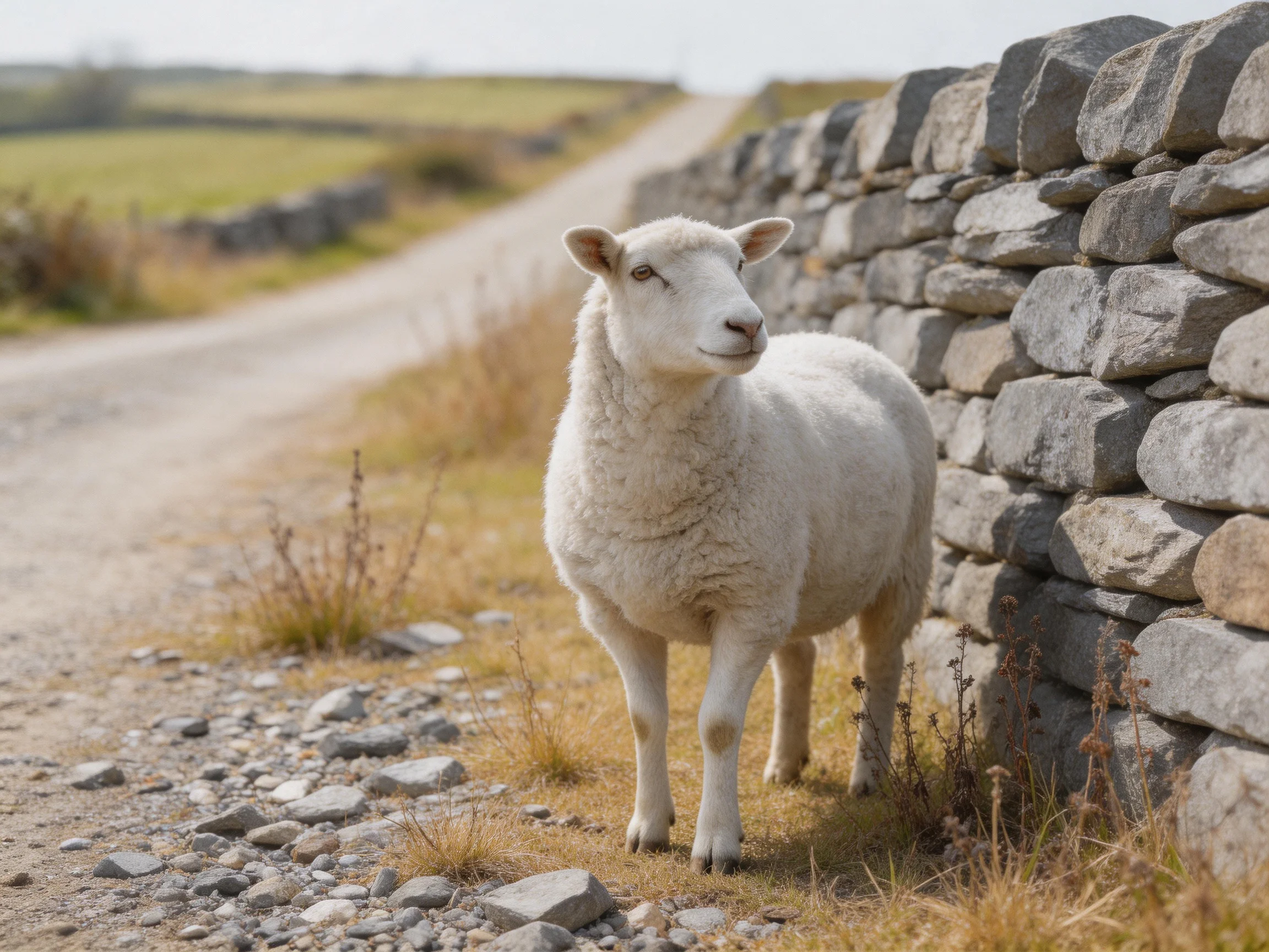 A white sheep stands beside a stone wall along a rural dirt road