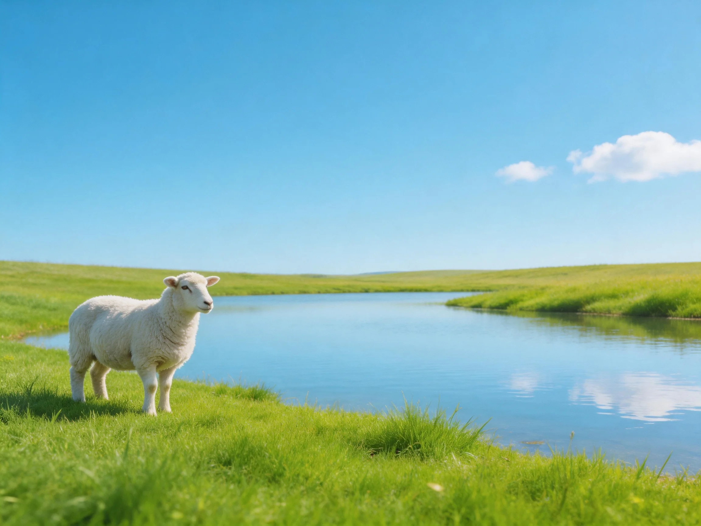 A white sheep stands by a calm blue river in a sunny landscape.