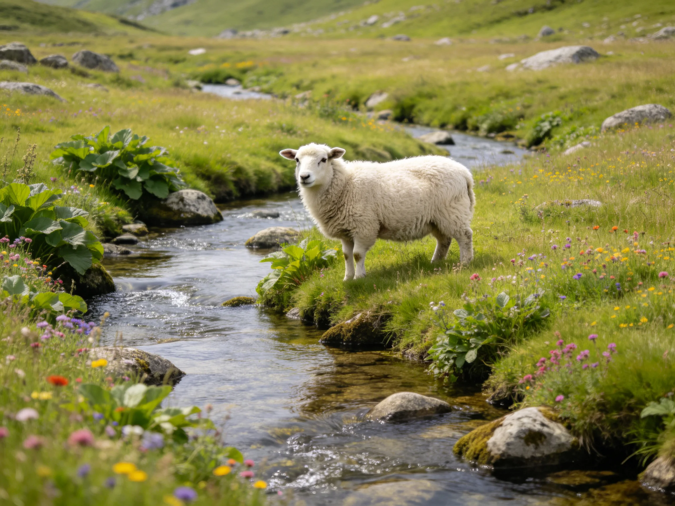 A white sheep stands by a clear mountain stream with colorful wildflowers