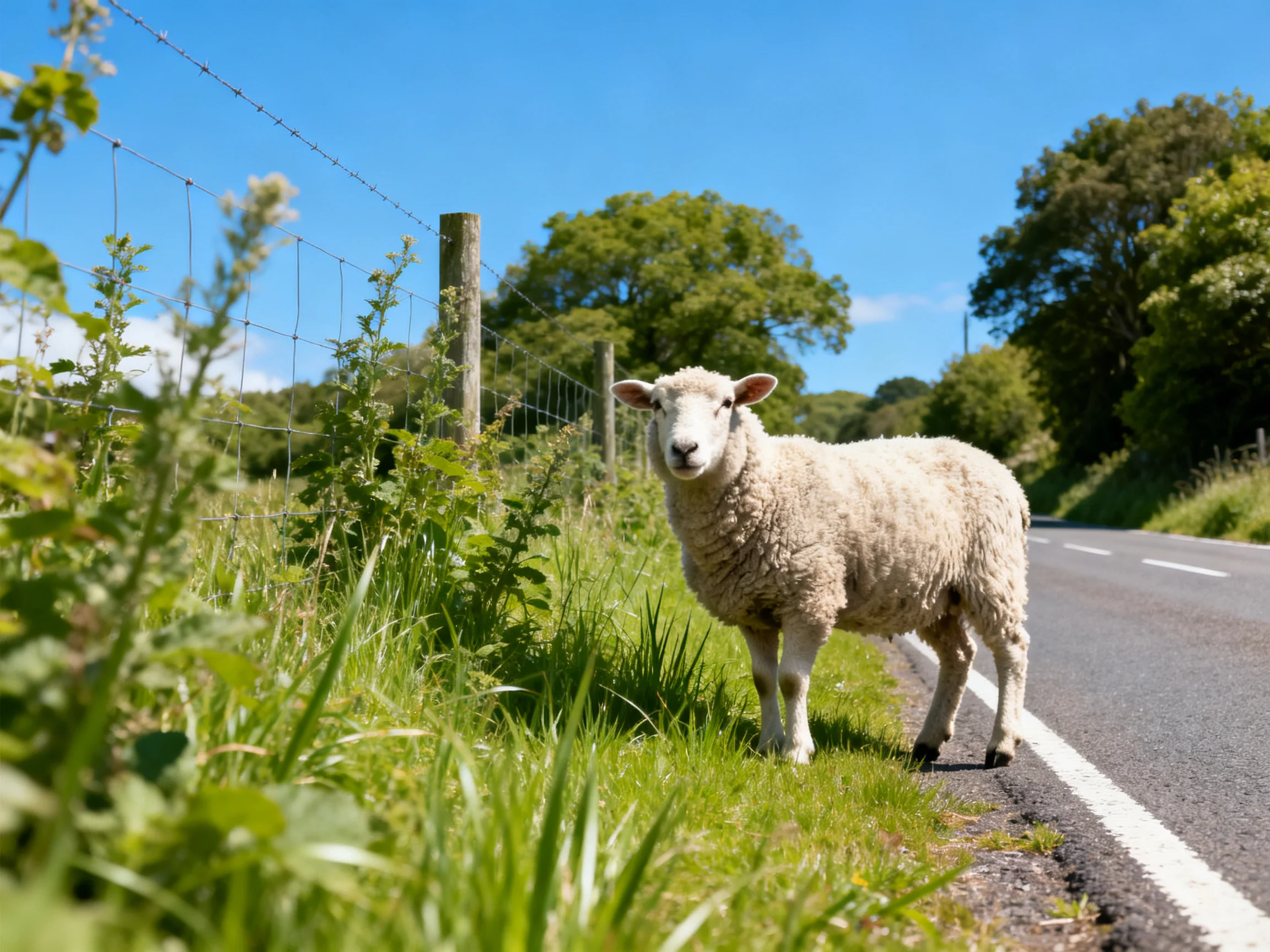 A white sheep stands by a country road with tall grass